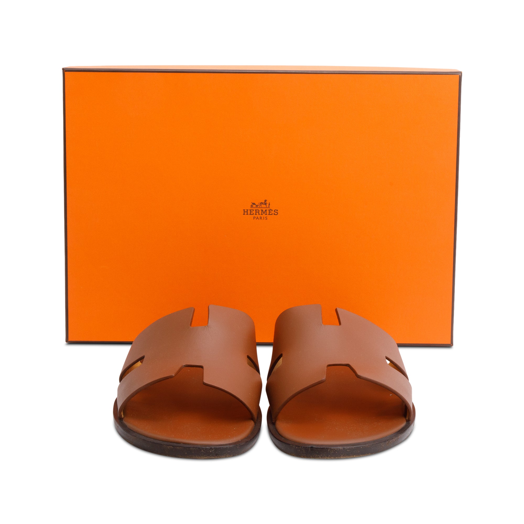 Hermes 2023 Gold Calfskin Leather Mens Izmir Sandals, Size 43 w/ Box & Receipt