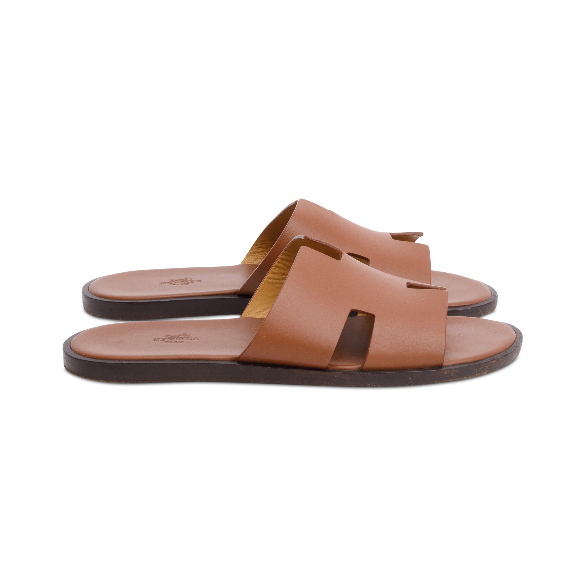 Hermes 2023 Gold Calfskin Leather Mens Izmir Sandals, Size 43 w/ Box & Receipt
