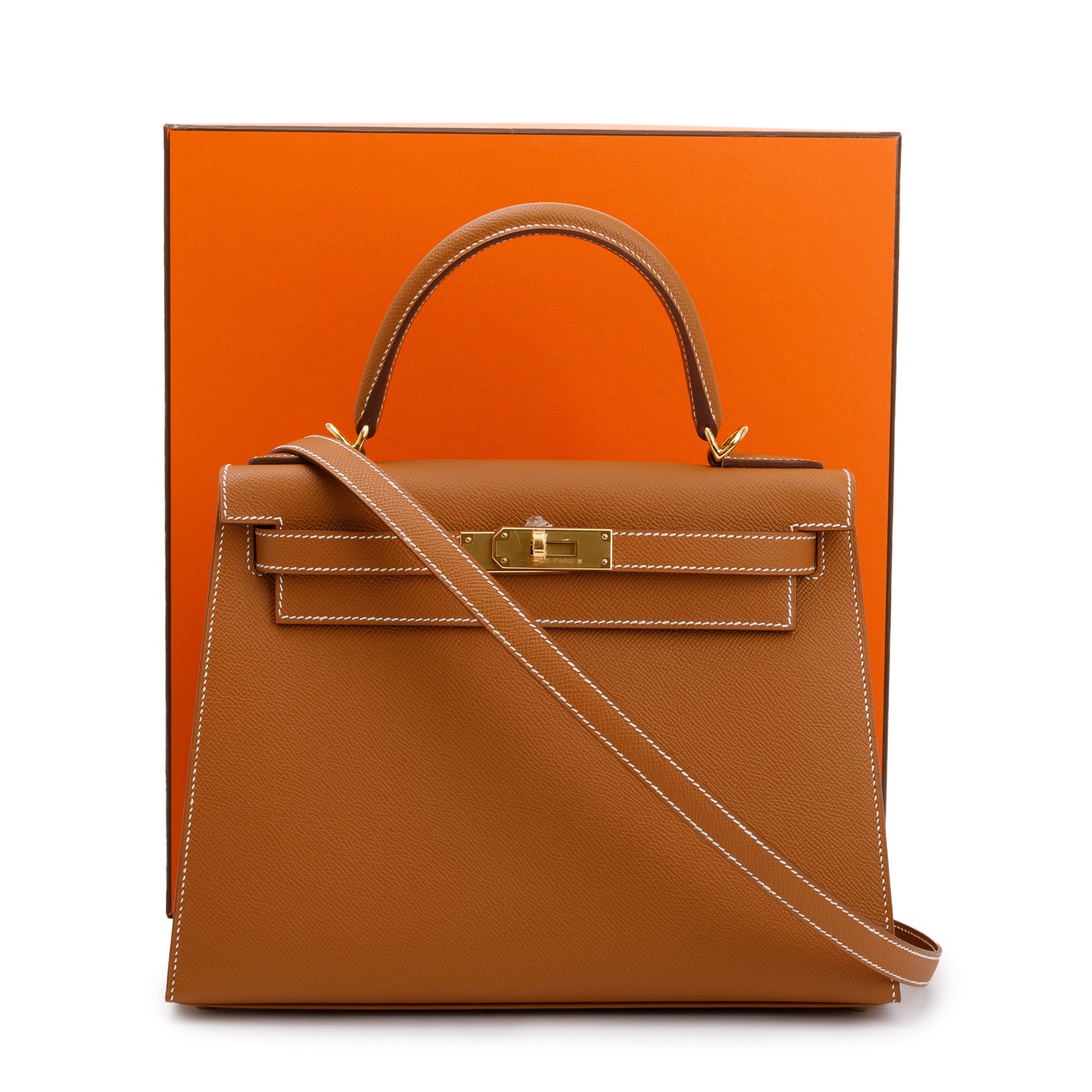 Hermes 2023 Gold Veau Epsom Kelly II Sellier 28 w/ Box & Receipt