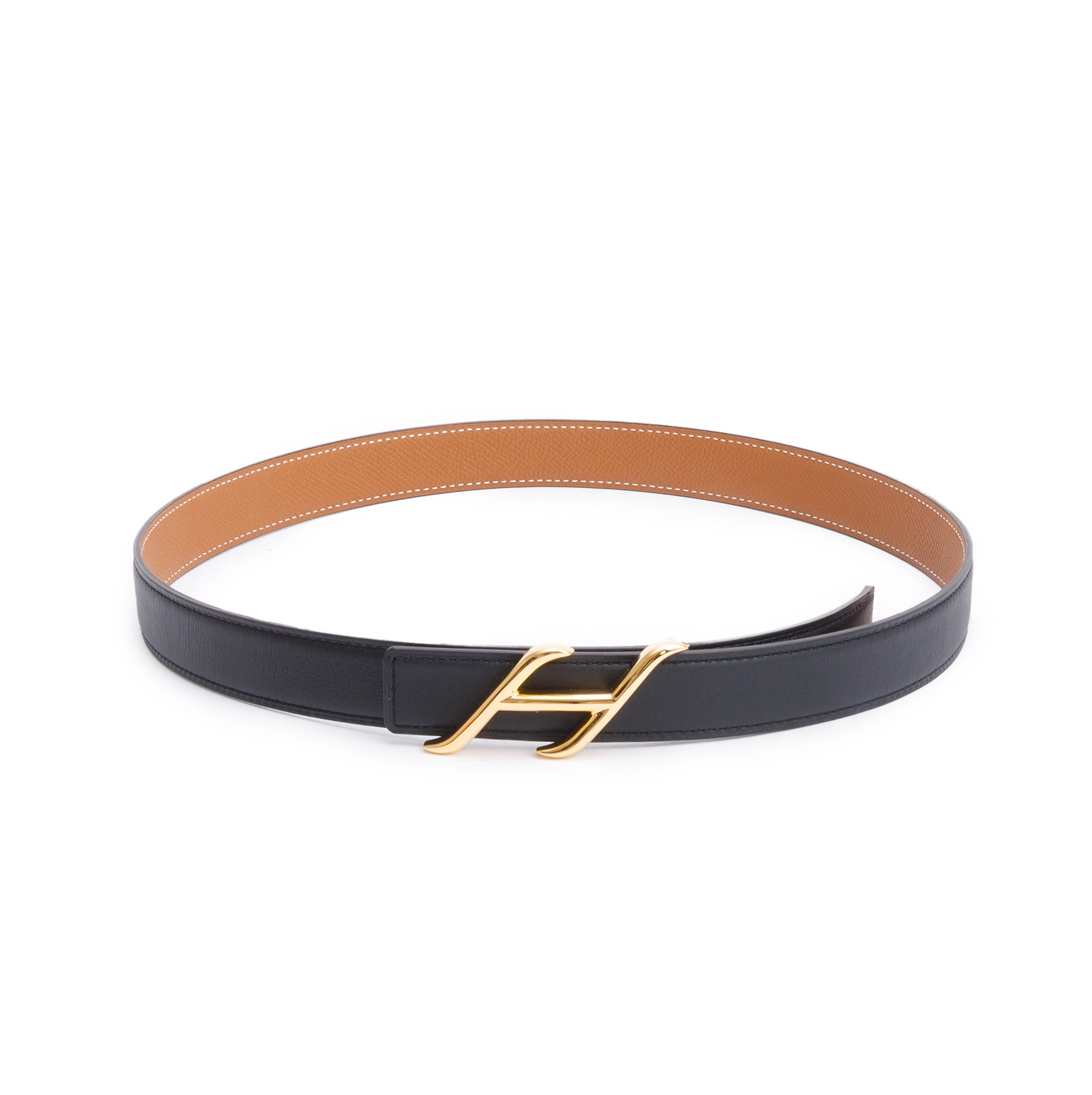 Hermes 2023 Noir/Gold Swift & Epsom Leather Reversible 24 MM Gold Plated HDN Belt Kit 80 w/ Box