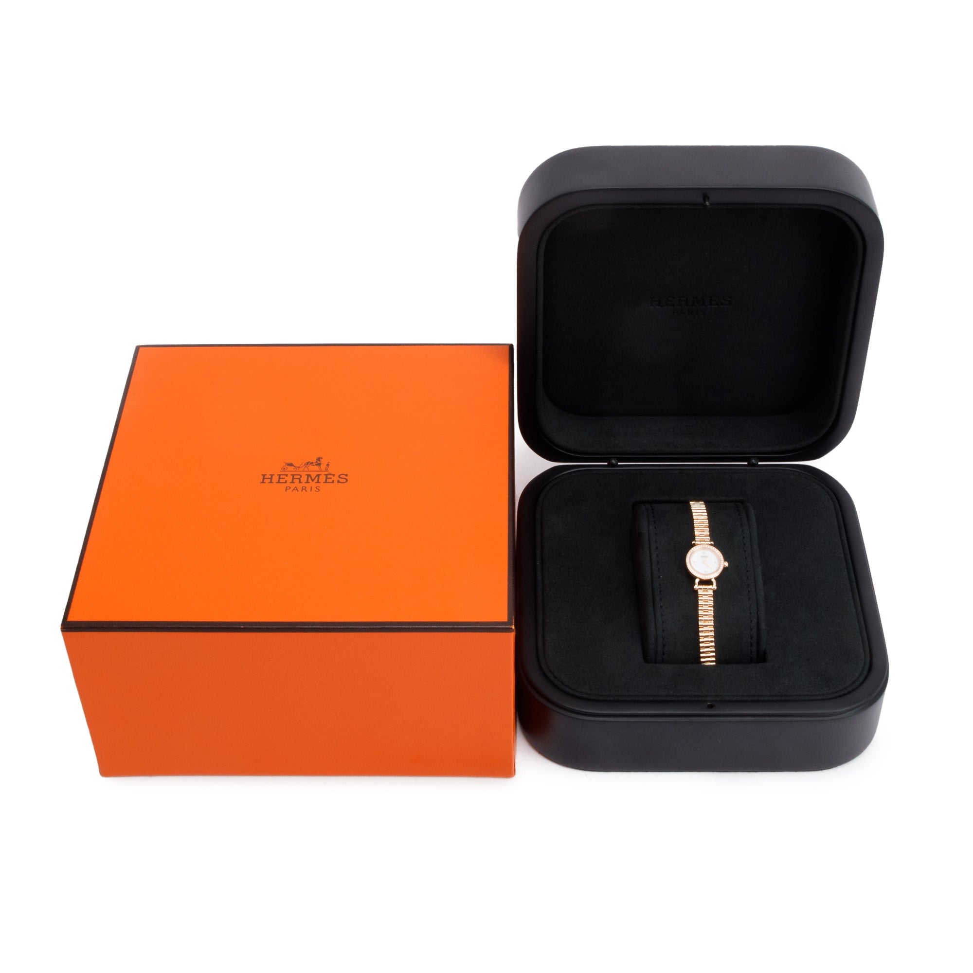Hermes 2024 18k Rose Gold & Diamond Faubourg 15 MM Watch, Mini Model w/ Box & Receipt