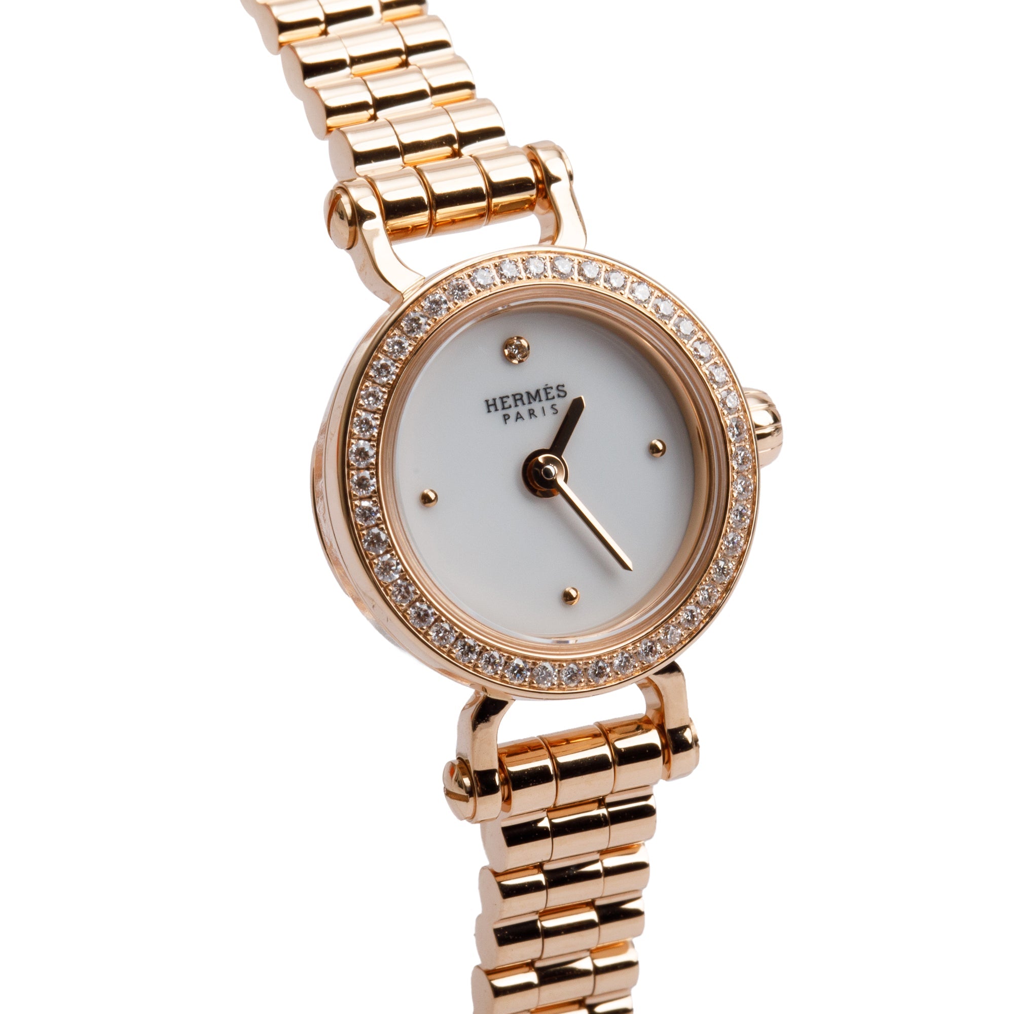 Hermes 2024 18k Rose Gold & Diamond Faubourg 15 MM Watch, Mini Model w/ Box & Receipt