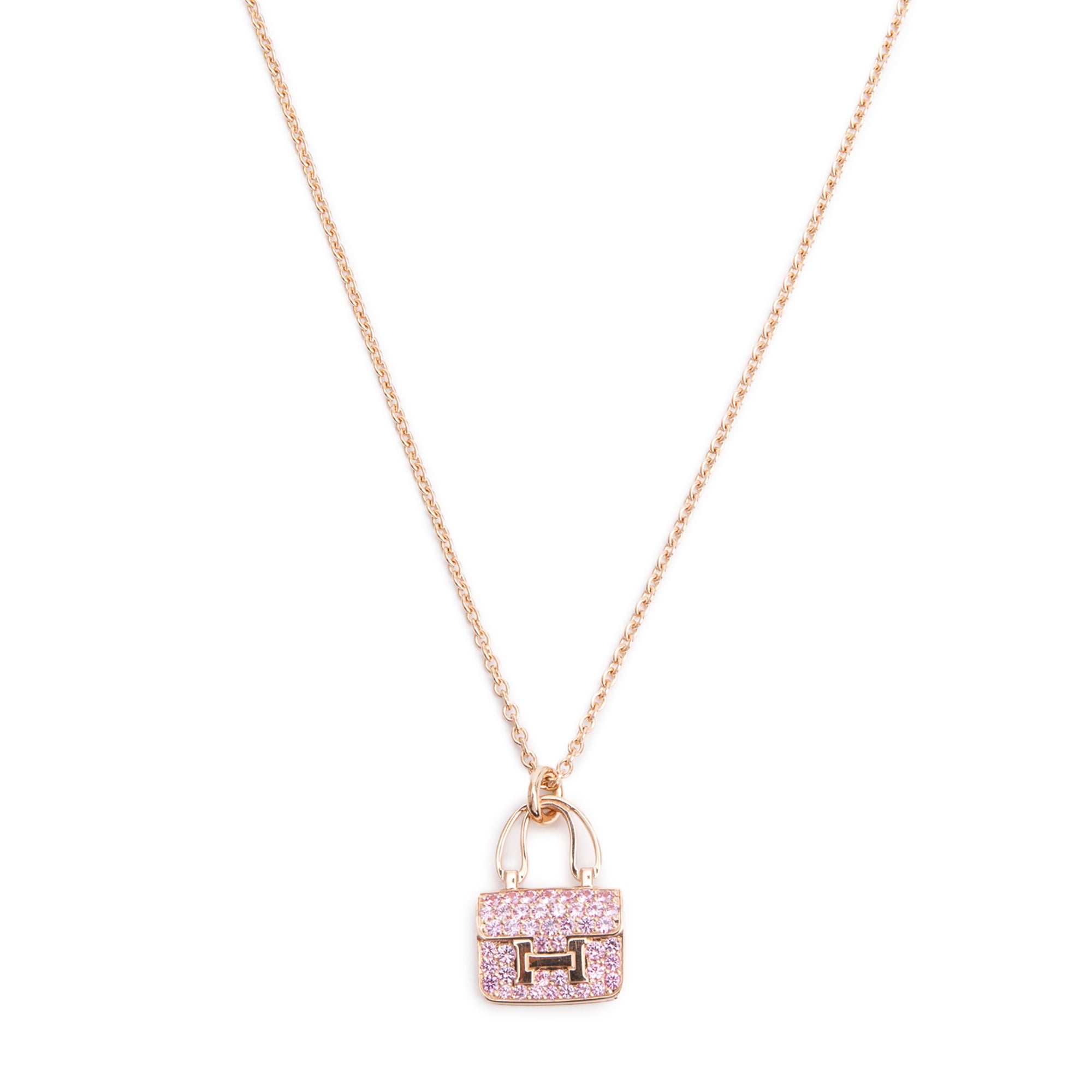 Hermes 2024 18k Rose Gold Pink Sapphire Amulettes Constance Pendant Necklace w/ Box & Certificate