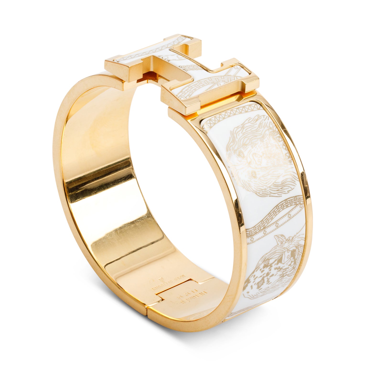 Hermes 2025 Yellow Gold-Plated White Printed Enamel All Over Jour de Casting Clic Clac H Bracelet w/ Box & Receipt