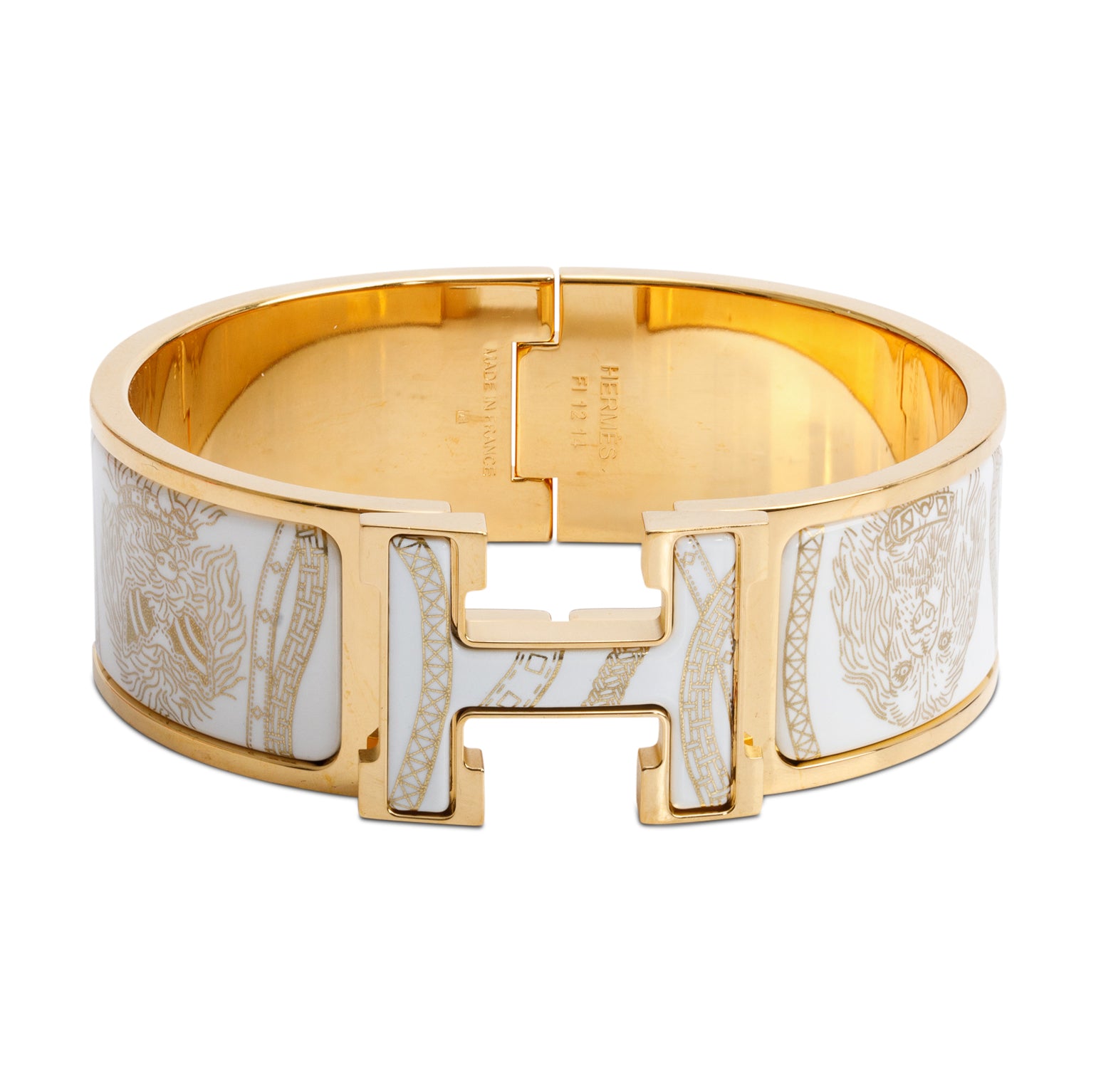 Hermes 2025 Yellow Gold-Plated White Printed Enamel All Over Jour de Casting Clic Clac H Bracelet w/ Box & Receipt