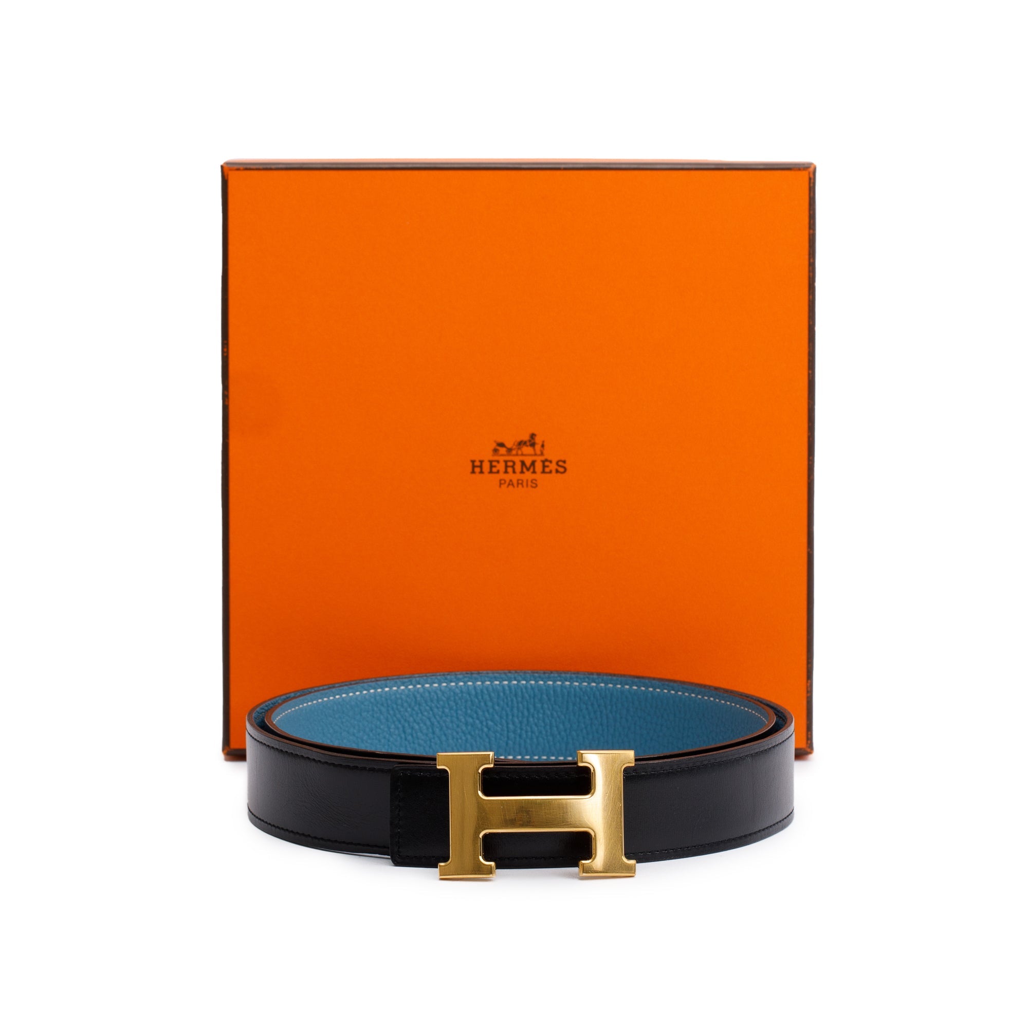 Hermes Black Box Bleu Togo Leather Reversible 32 mm H Belt Kit w/ Box