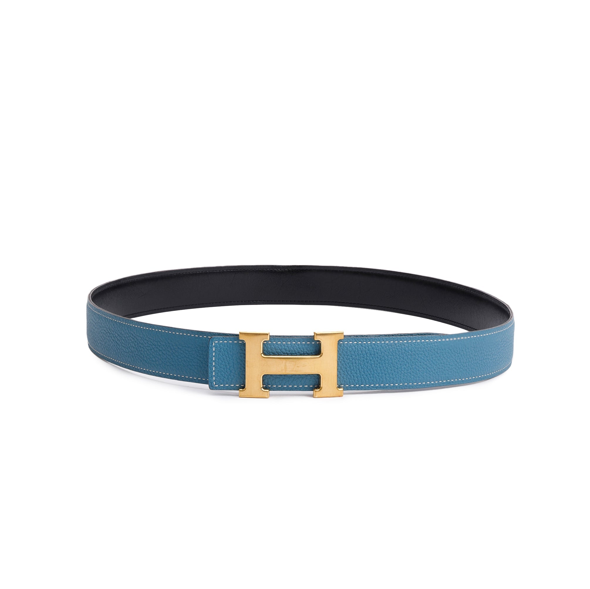 Hermes Black Box Bleu Togo Leather Reversible 32 mm H Belt Kit w/ Box