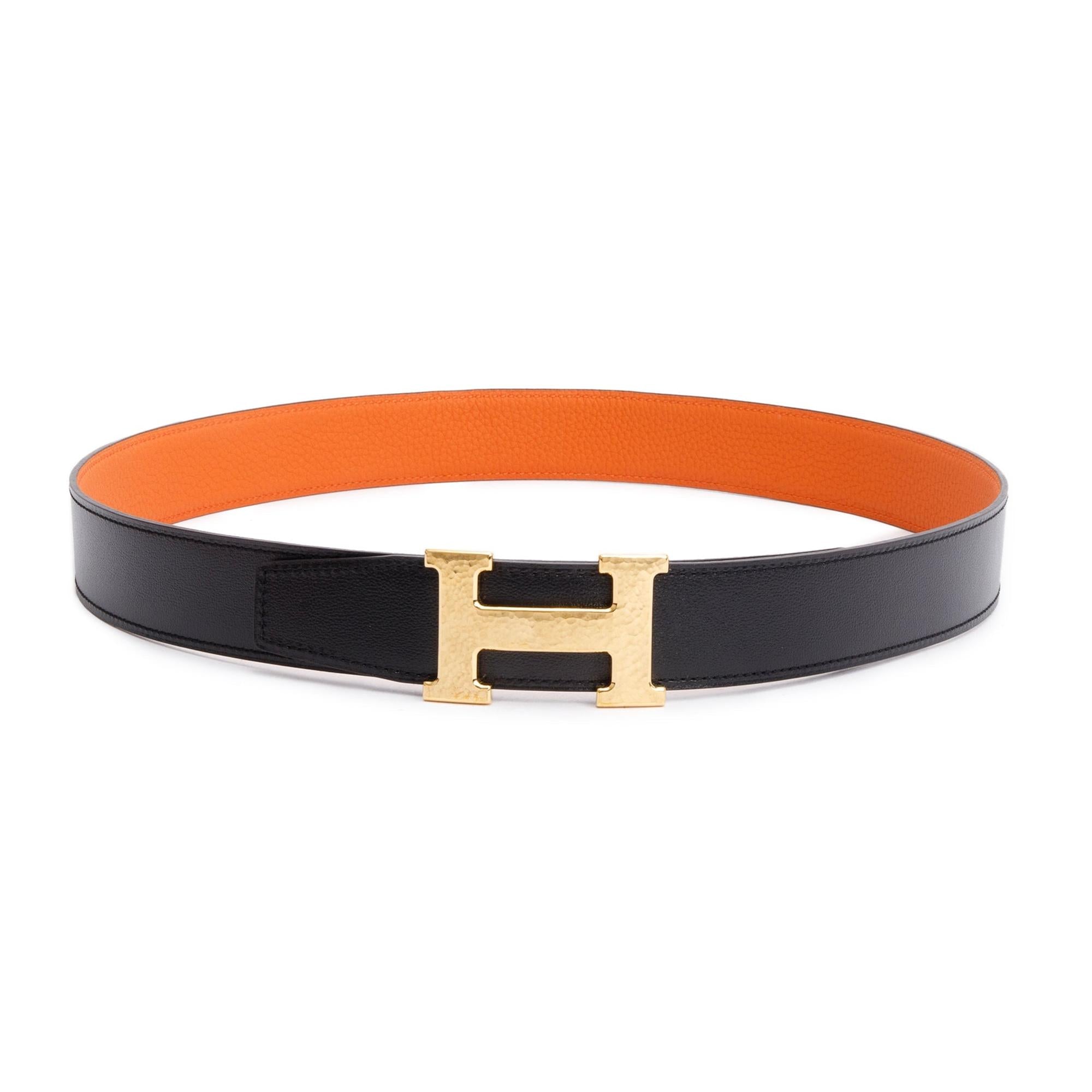 Hermes Black Box Orange Togo Leather Reversible 32 mm H Belt Kit 90 w/ Box