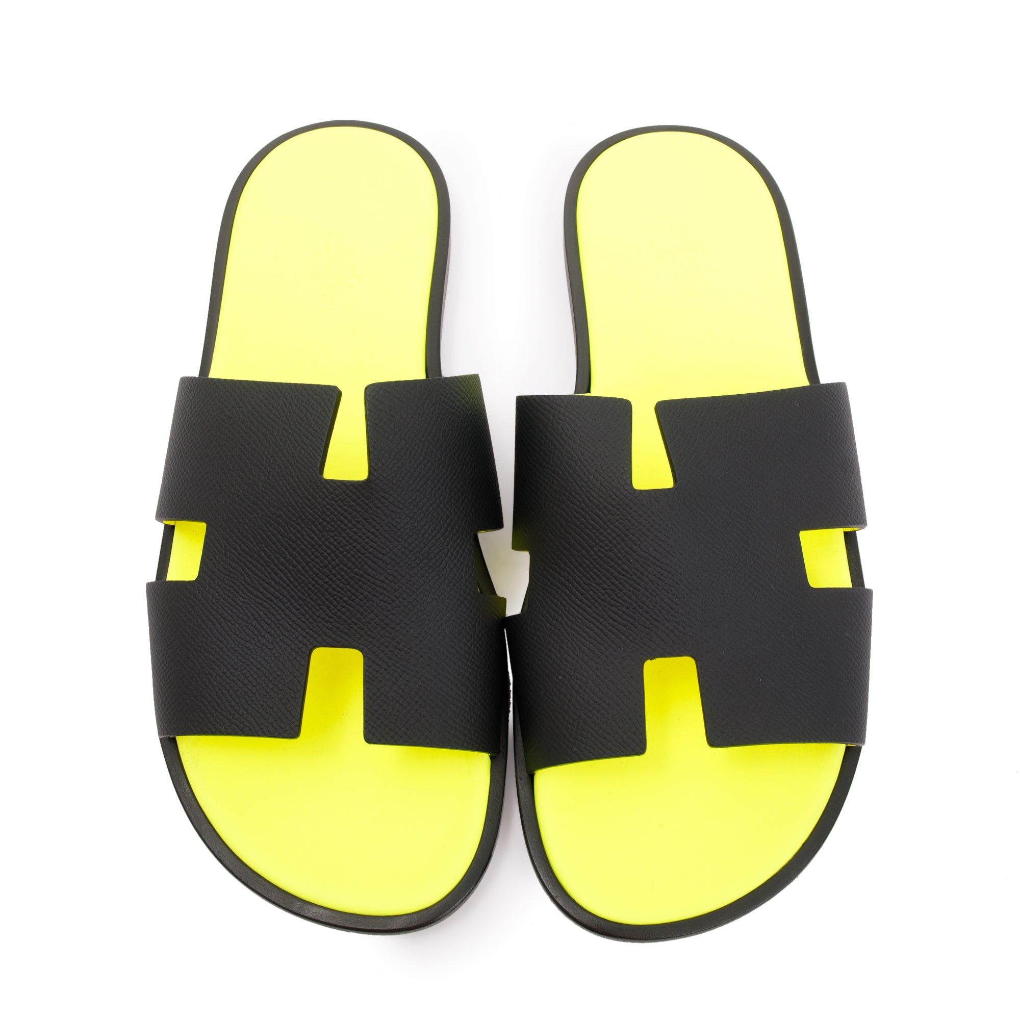 Hermes Black Epsom Leather & Jaune Fluo Mens Izmir Sandals, Size 43