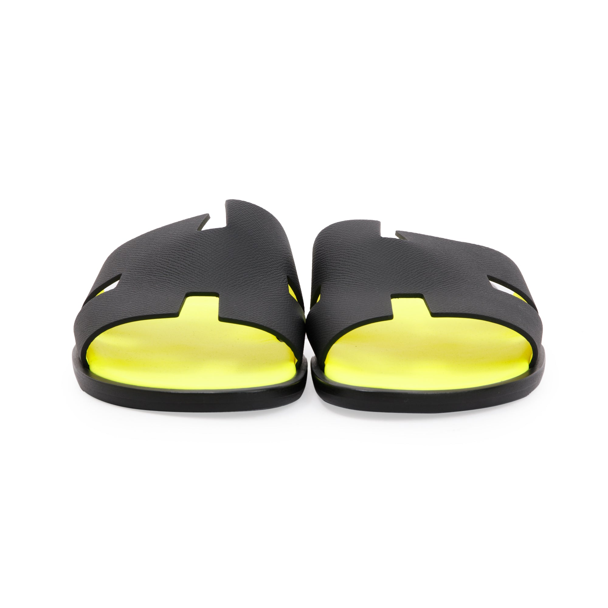 Hermes Black Epsom Leather & Jaune Fluo Mens Izmir Sandals, Size 43