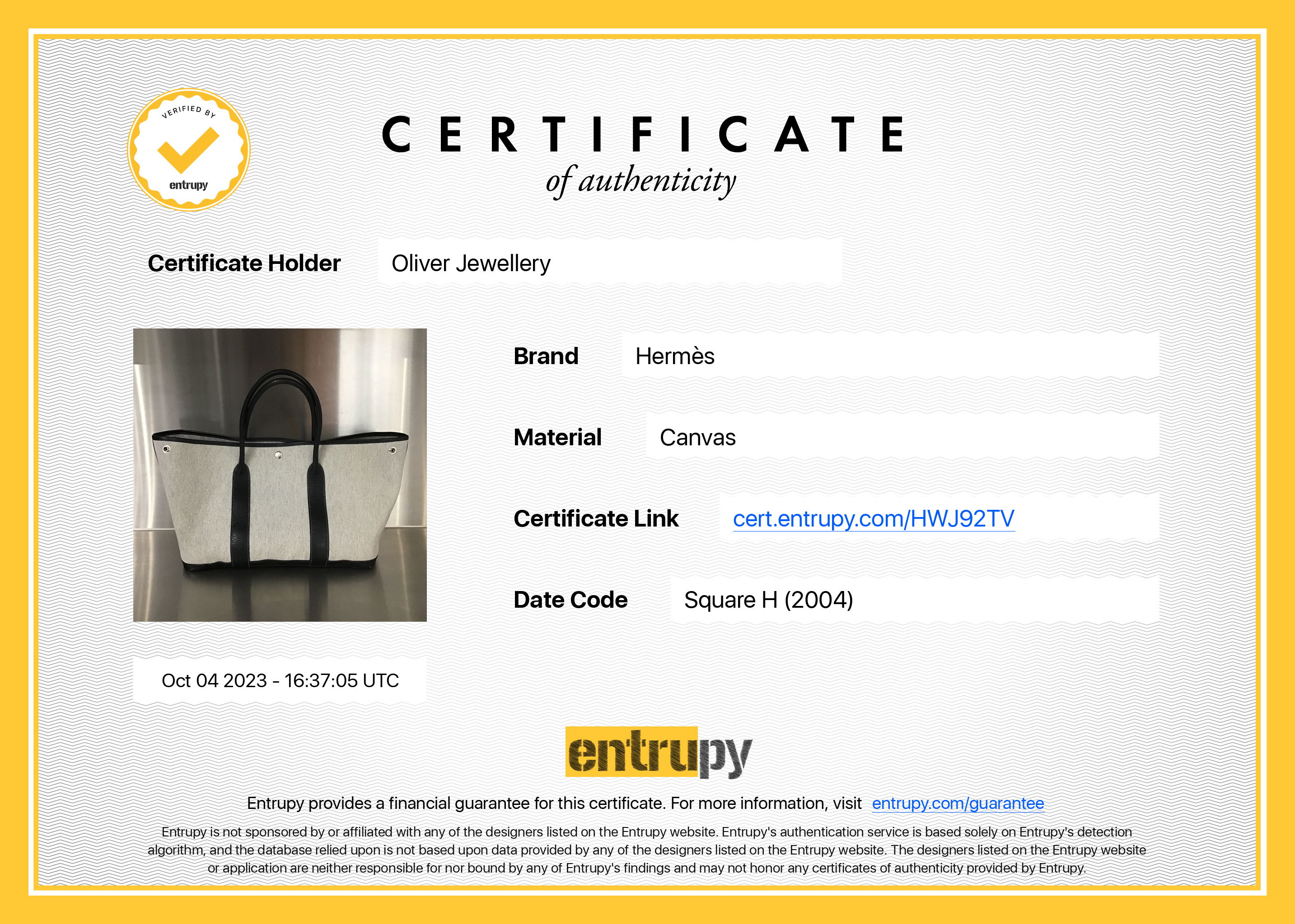 Hermes Black Leather Grey Toile H Garden Party 36