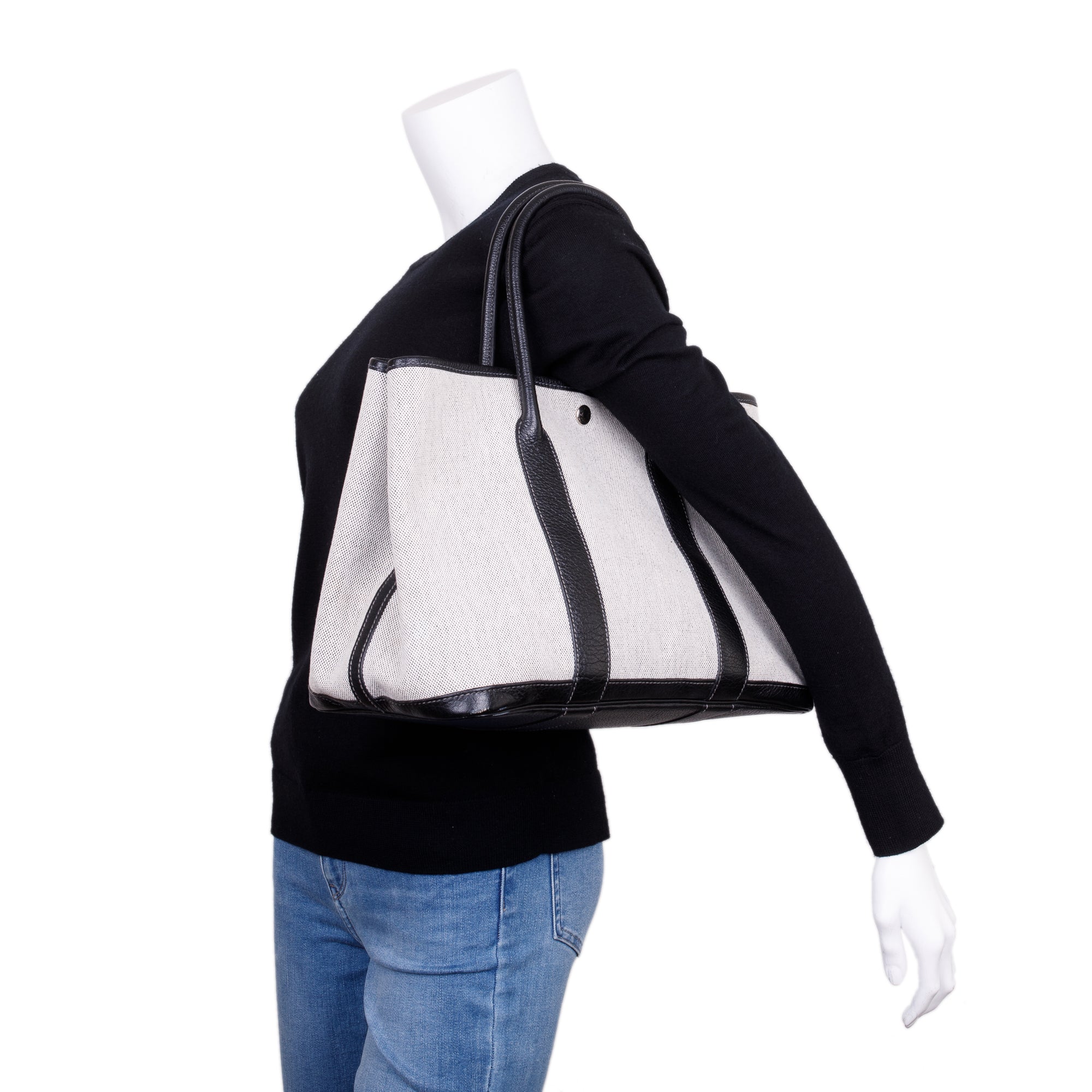 Hermes Black Leather Grey Toile H Garden Party 36