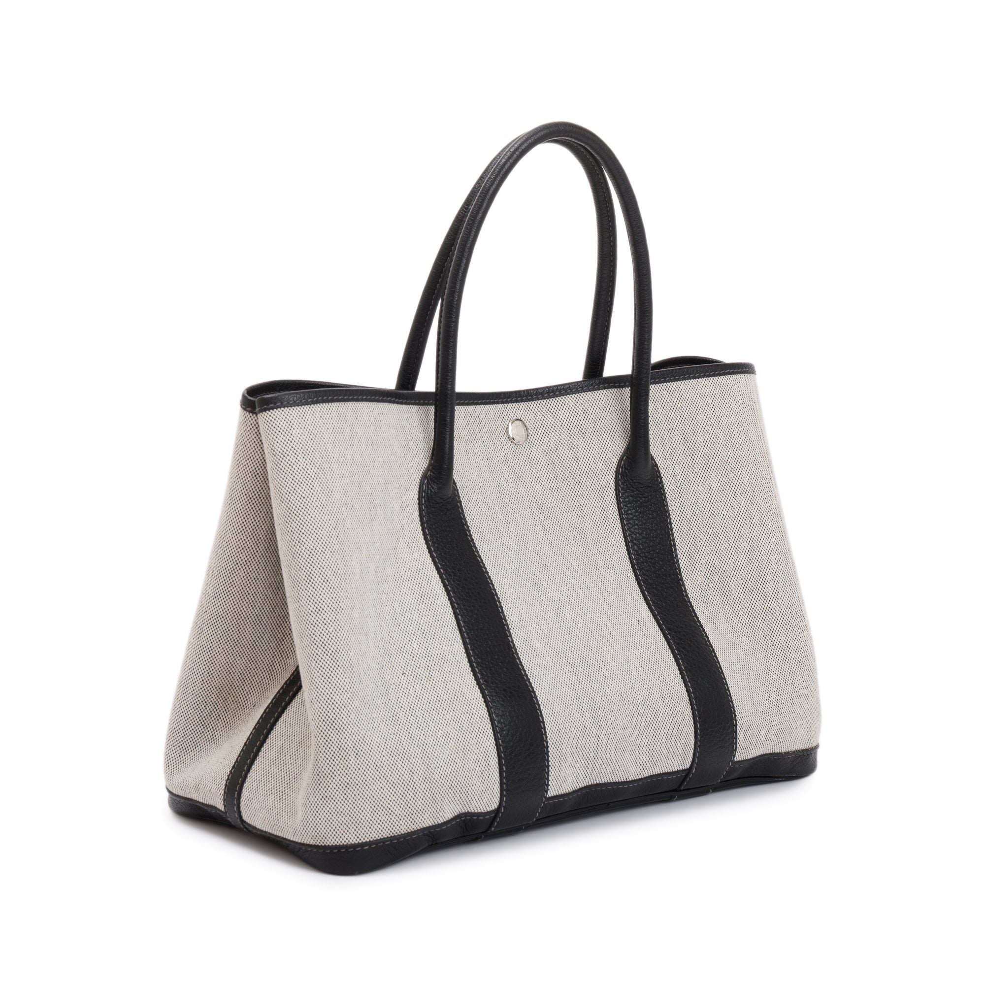 Hermes Black Leather Grey Toile H Garden Party 36