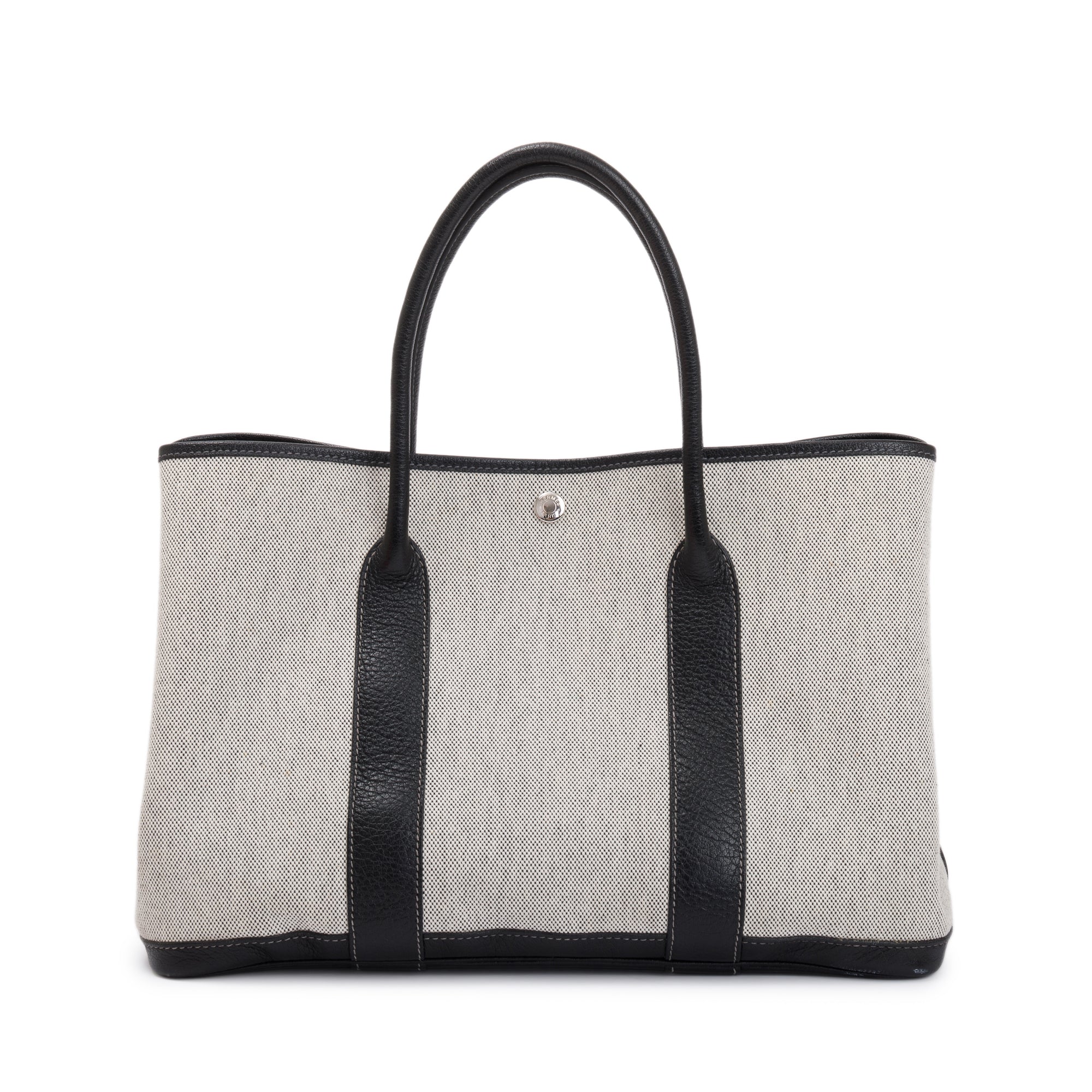 Hermes Black Leather Grey Toile H Garden Party 36