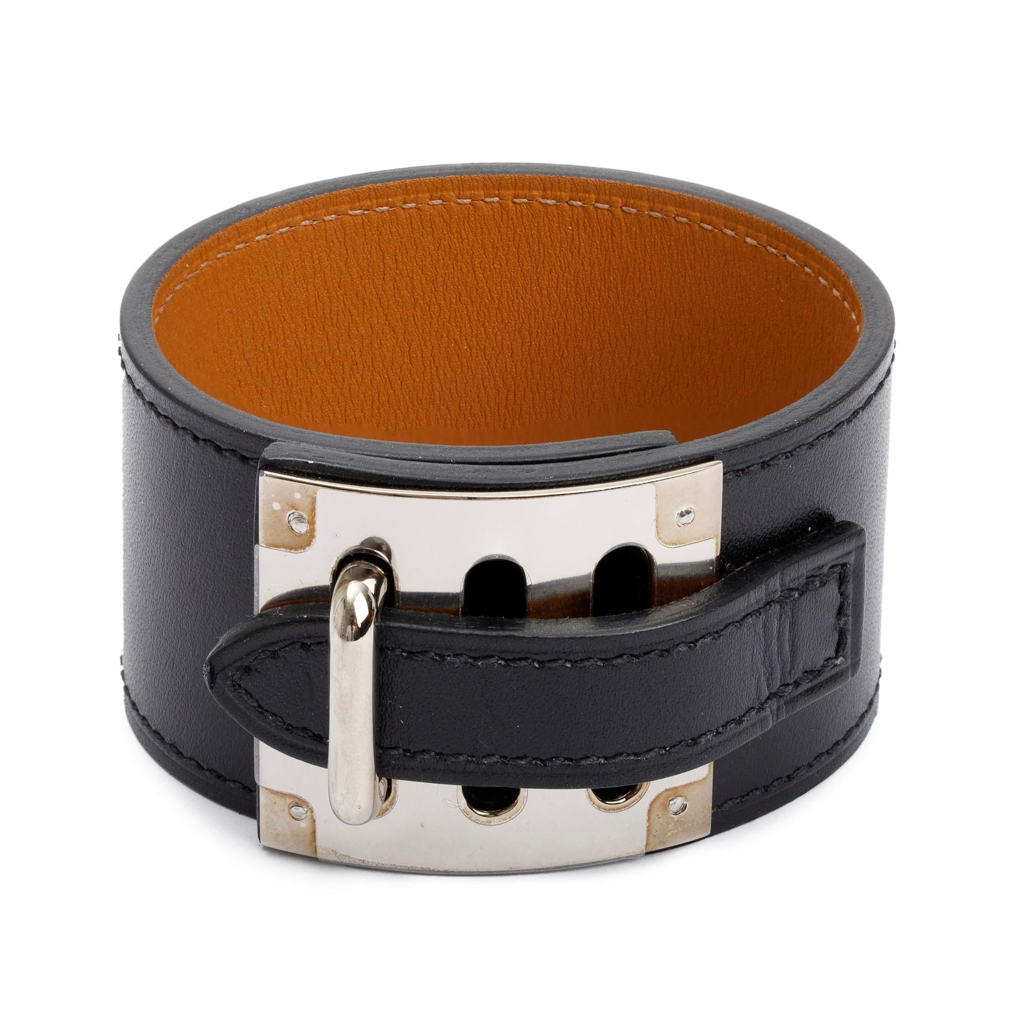 Hermes Black Leather Palladium Plated Metal Intense Bracelet