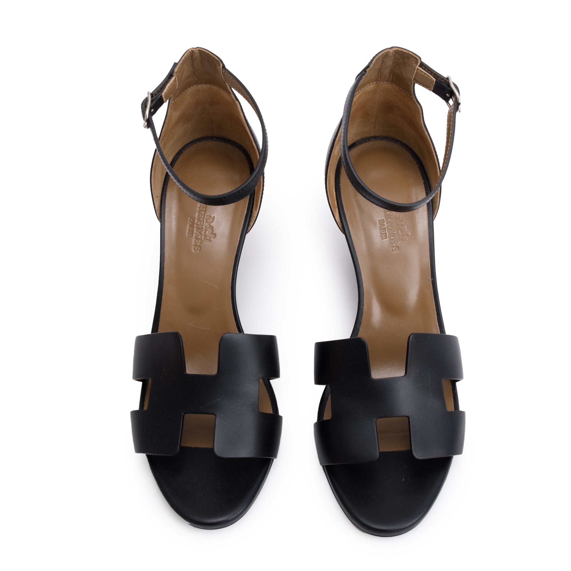 Hermes Black Noir Calfskin Leather Legend Sandals, Size 38 w/ Box