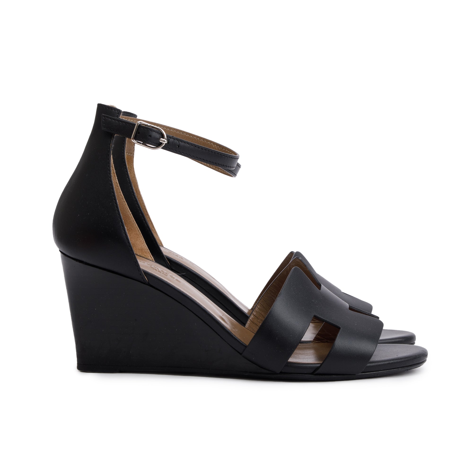 Hermes Black Noir Calfskin Leather Legend Sandals, Size 38 w/ Box