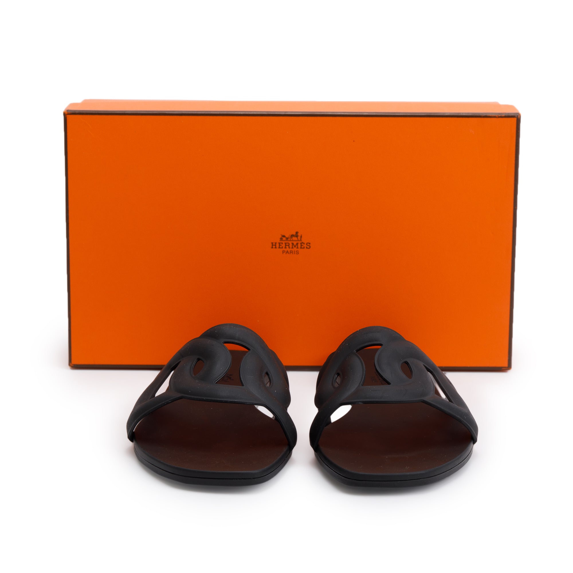 Hermes Black Noir Rubber Aloha Sandals, Size 37 w/ Box