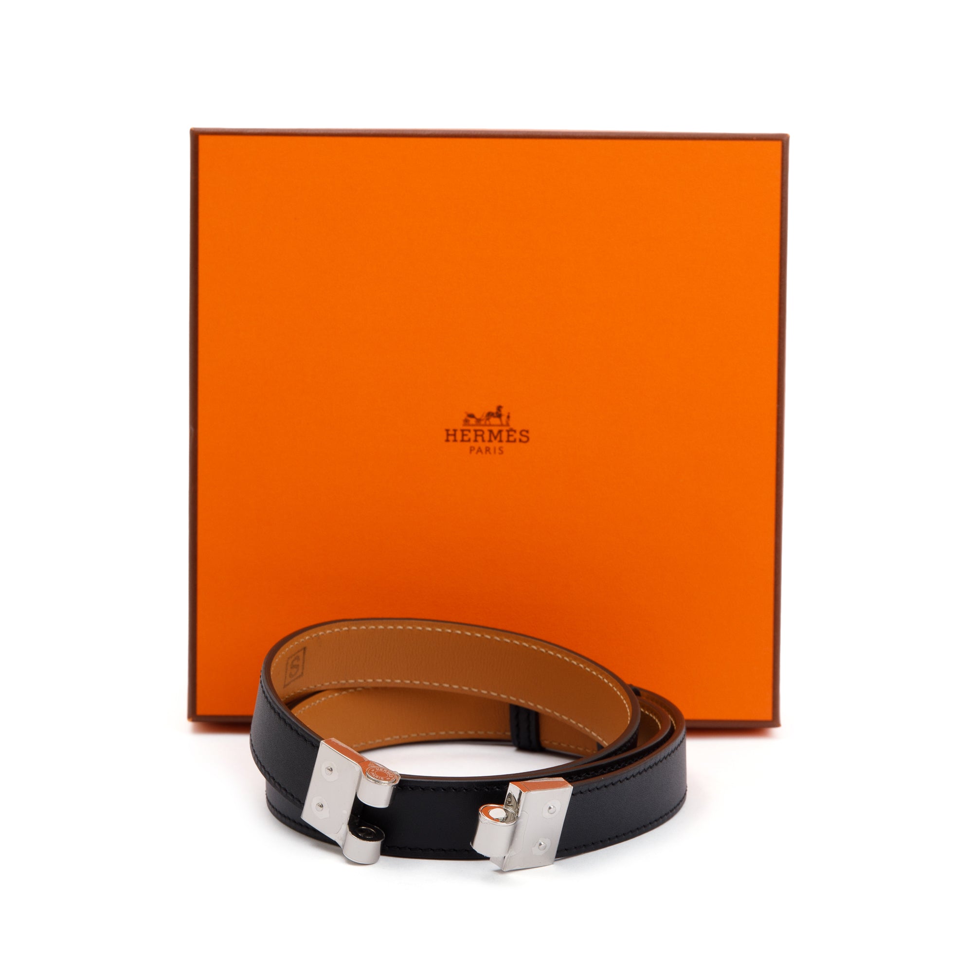 Hermes Black/Gold Swift & Epsom Leather Charniere 22 MM Palladium Plated Belt w/ Box