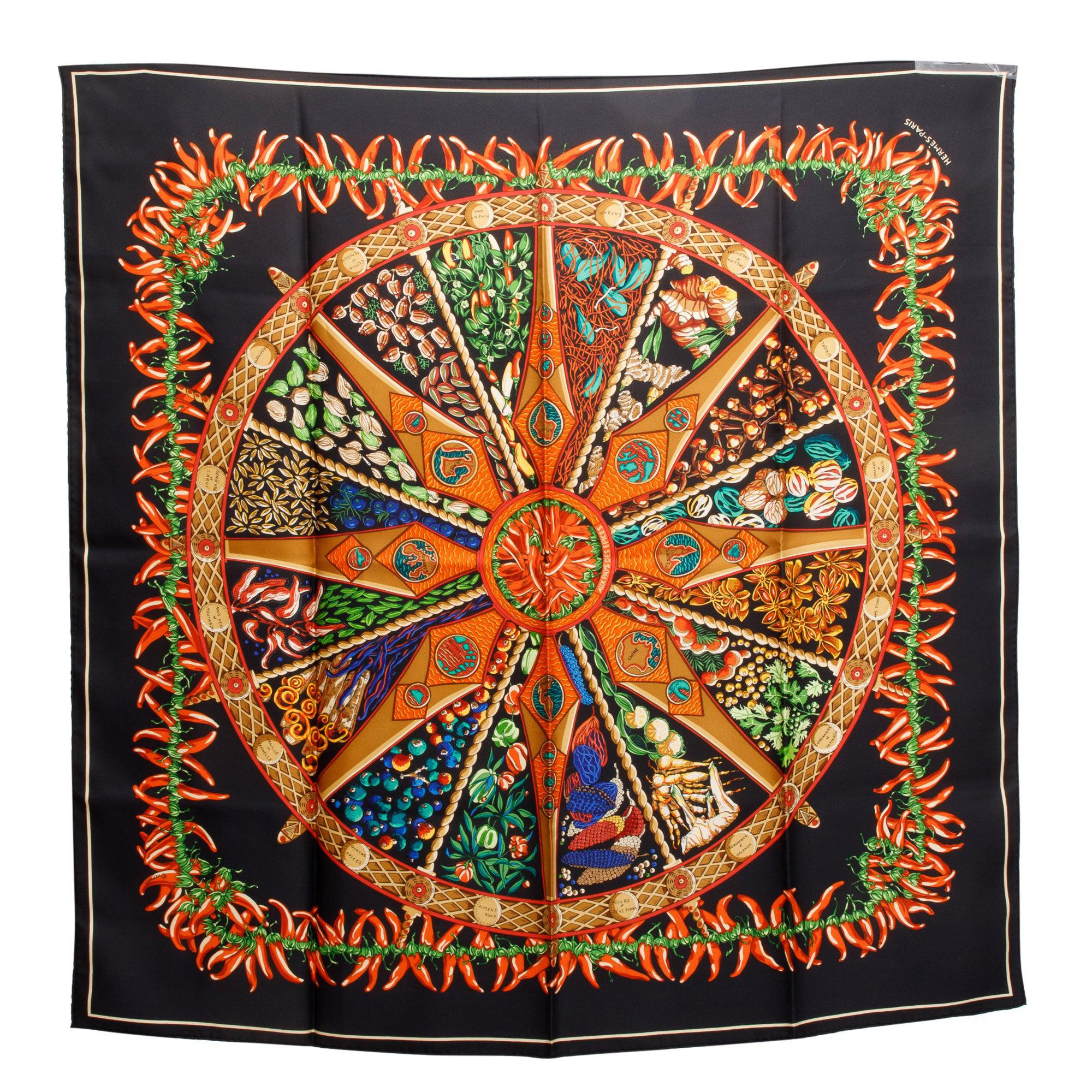 Hermes Black/Multicolor 'Aux Pays Des Epices' Silk Scarf 90 w/ Box