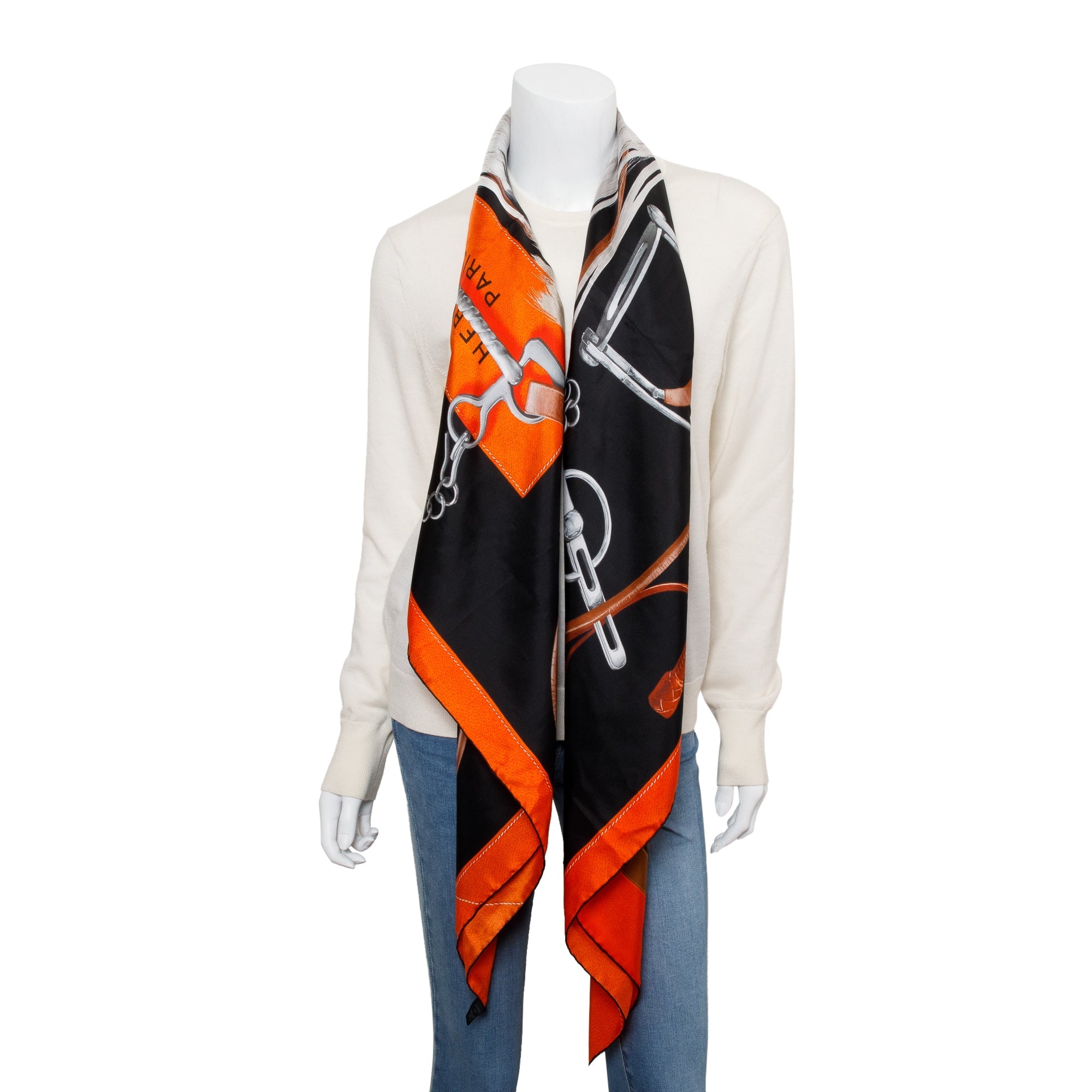 Hermes Black/Orange 'Projets Carres' Silk Scarf 140 w/ Box