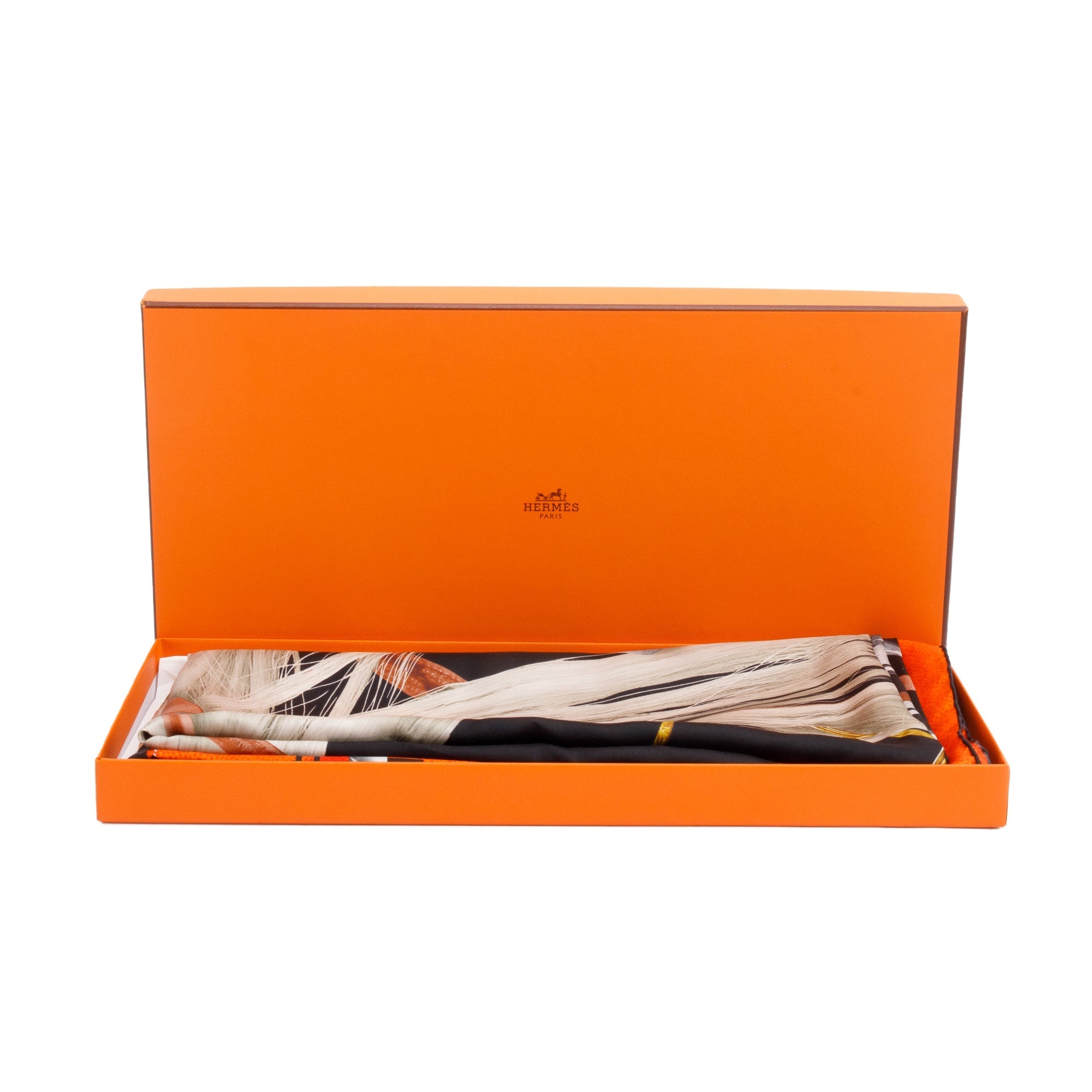 Hermes Black/Orange 'Projets Carres' Silk Scarf 140 w/ Box