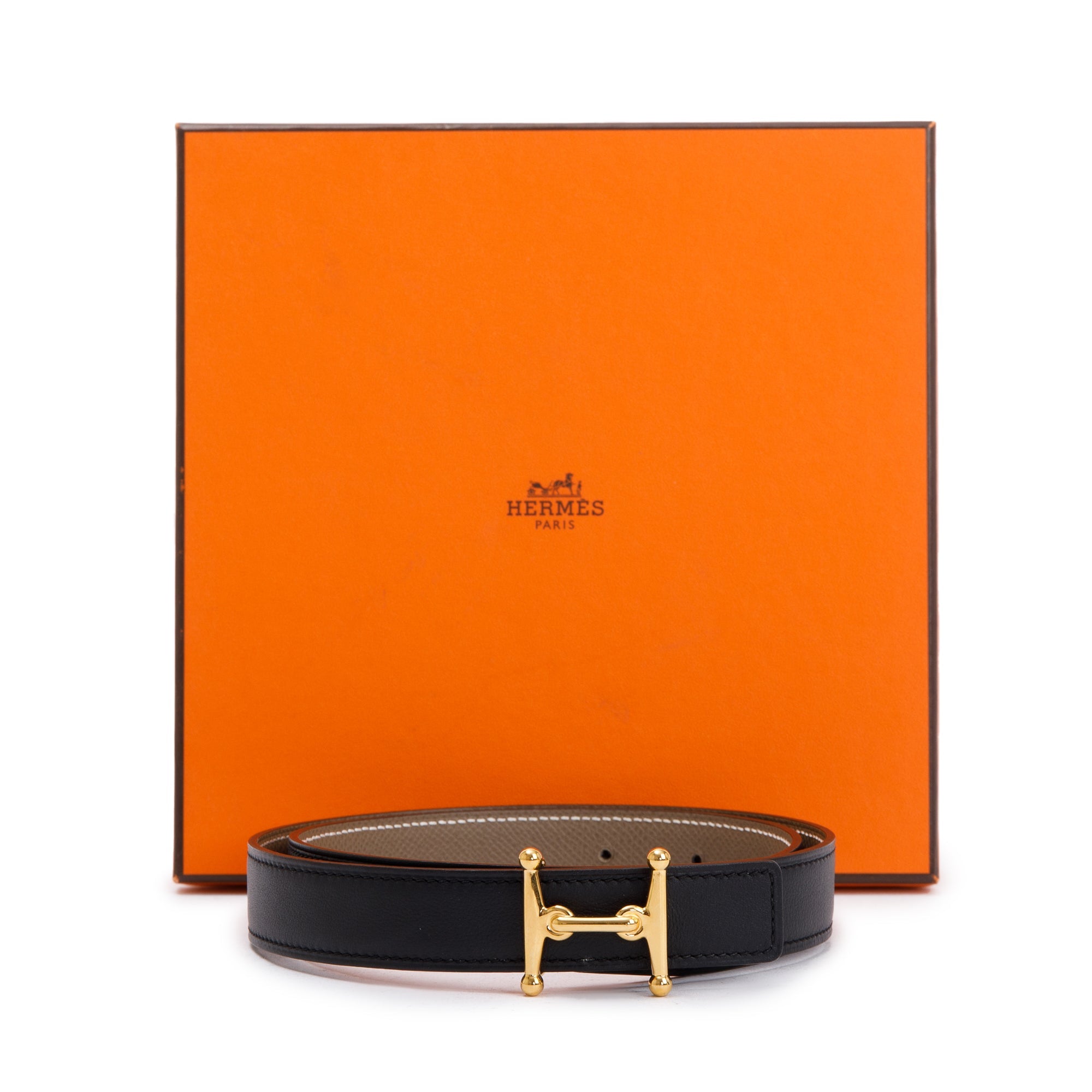 Hermes Black/Taupe Swift & Epsom Leather Reversible 24 MM Gold Plated Mors H Belt Kit w/ Box