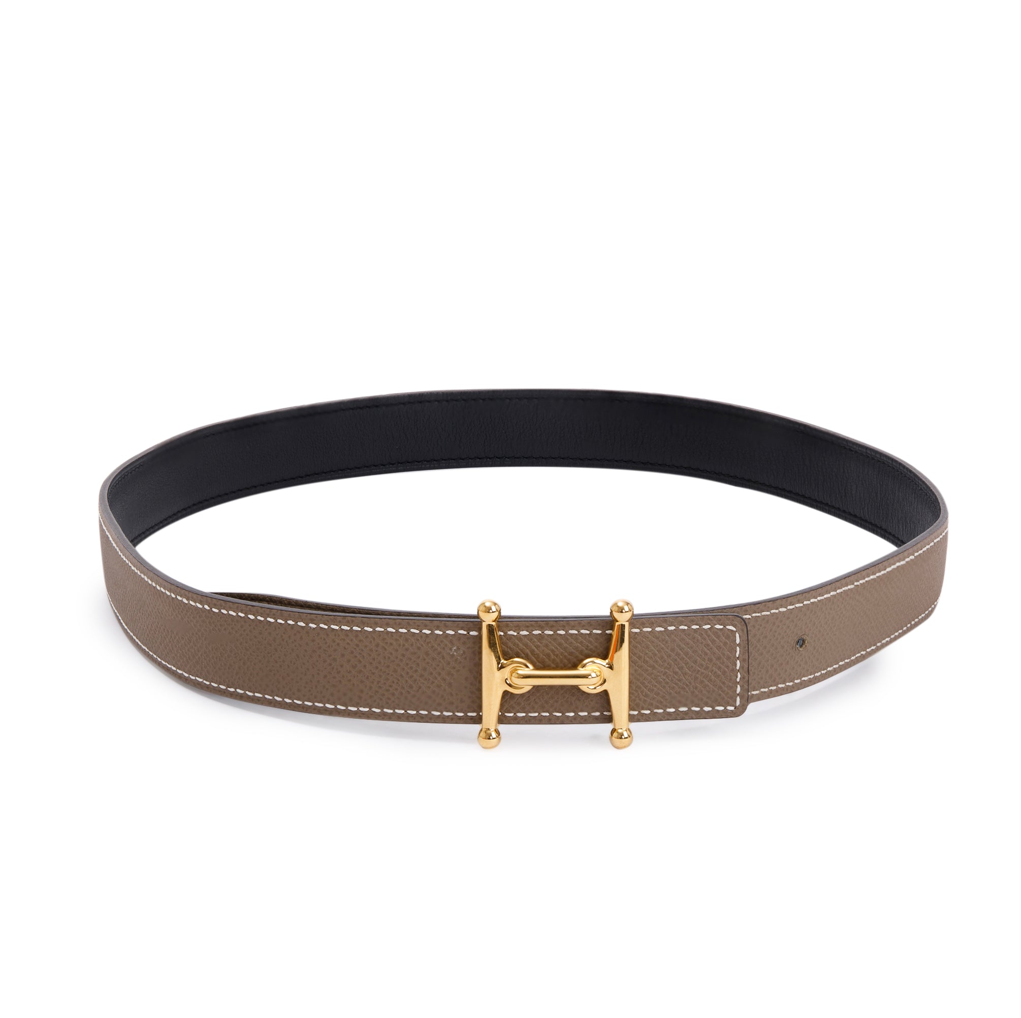 Hermes Black/Taupe Swift & Epsom Leather Reversible 24 MM Gold Plated Mors H Belt Kit w/ Box