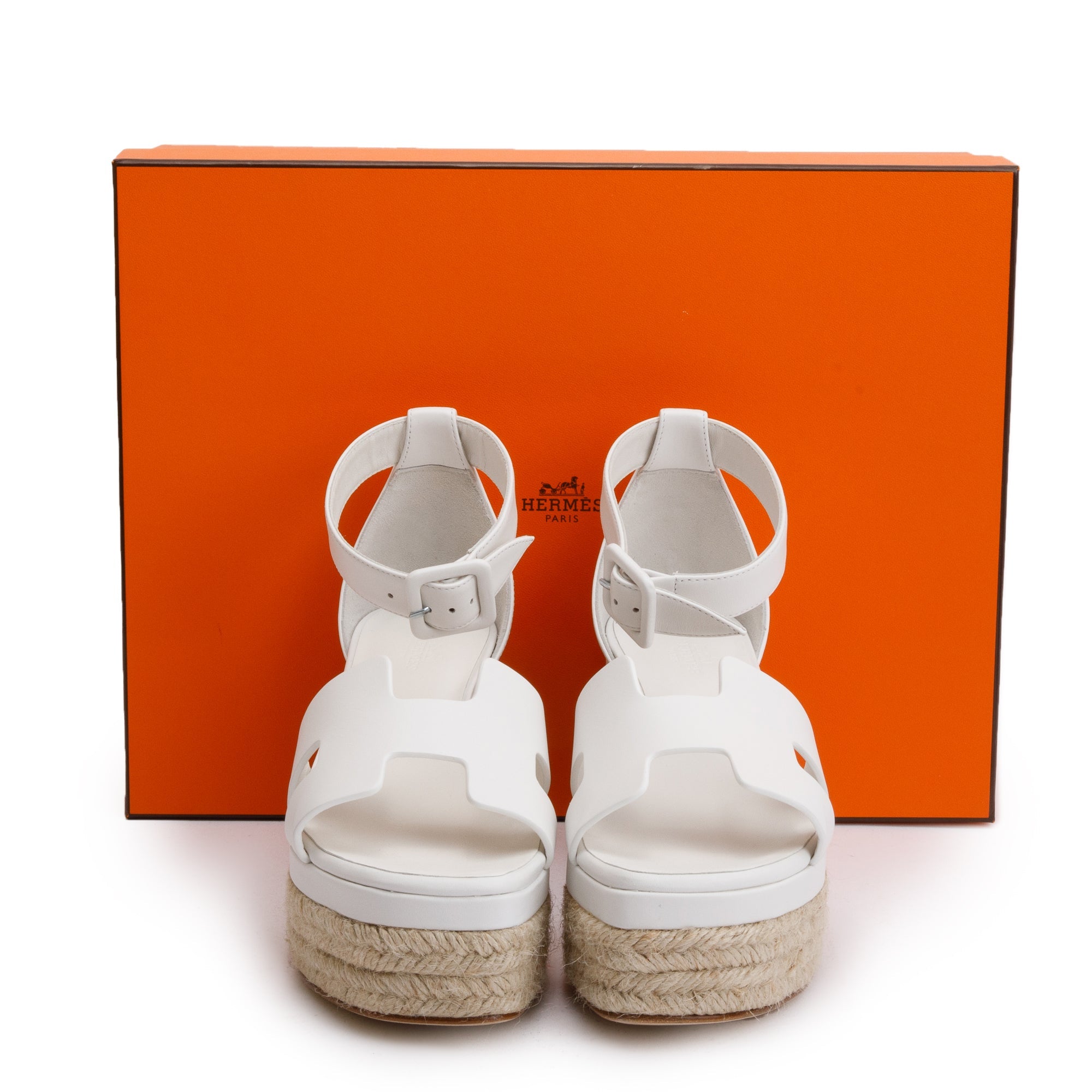 Hermes Blanc Calfskin Leather Elda Espadrille Sandals, Size 37 w/ Box