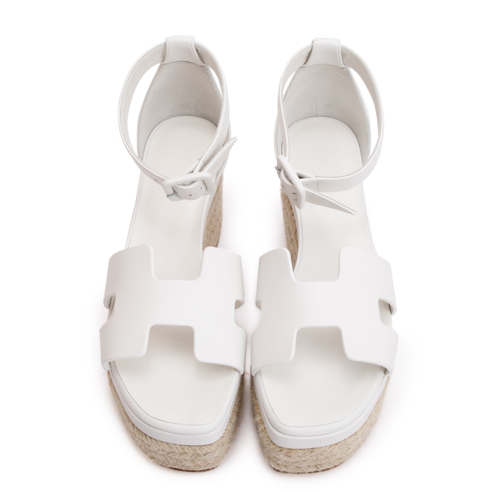 Hermes Blanc Calfskin Leather Elda Espadrille Sandals, Size 37 w/ Box