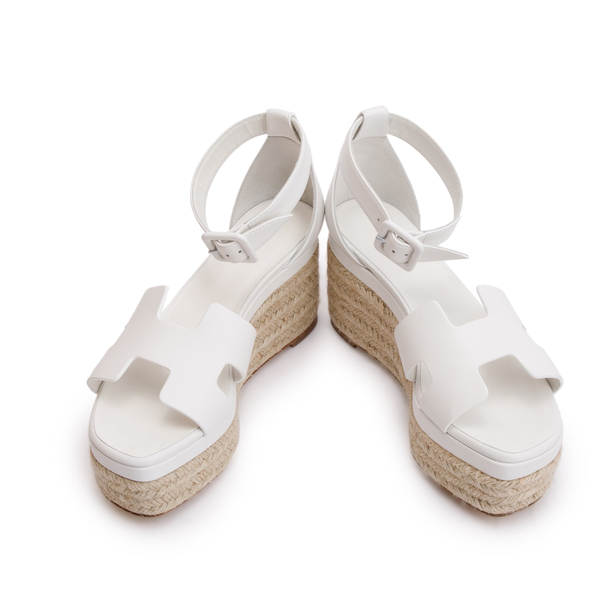 Hermes Blanc Calfskin Leather Elda Espadrille Sandals, Size 37 w/ Box