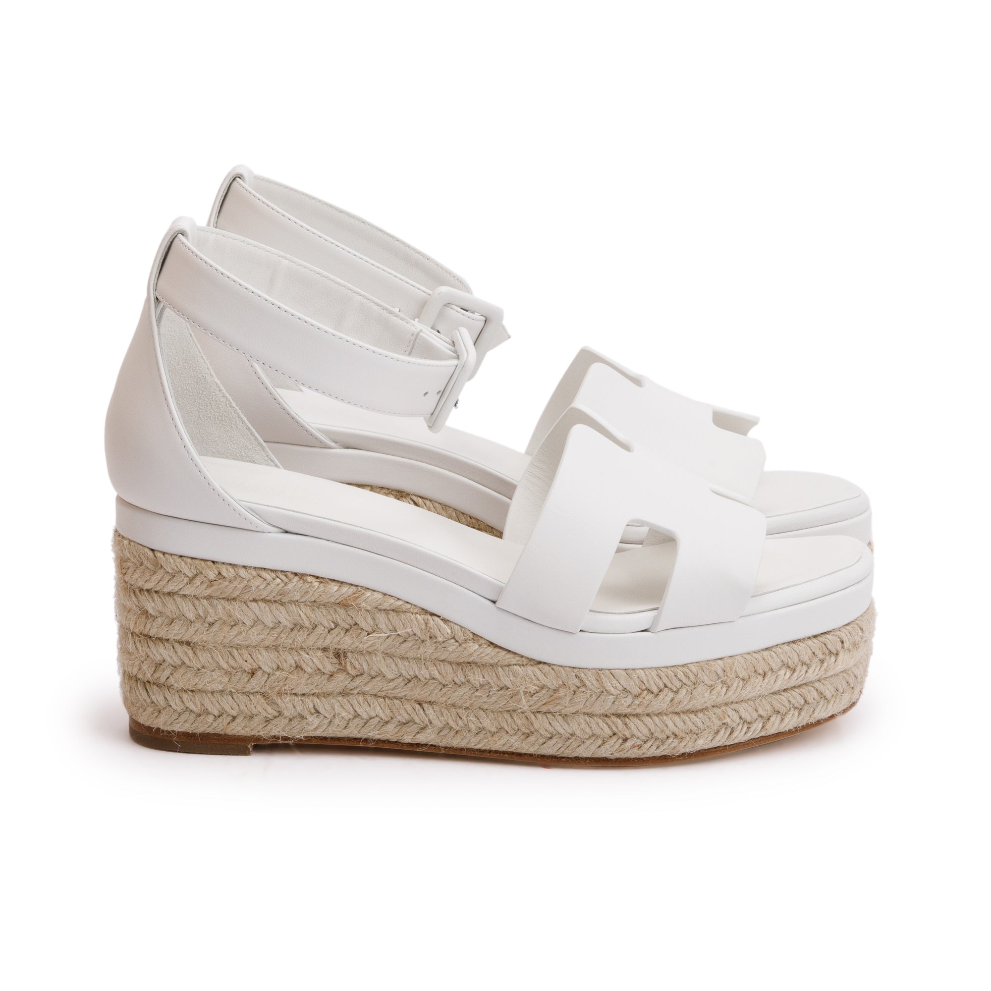 Hermes Blanc Calfskin Leather Elda Espadrille Sandals, Size 37 w/ Box