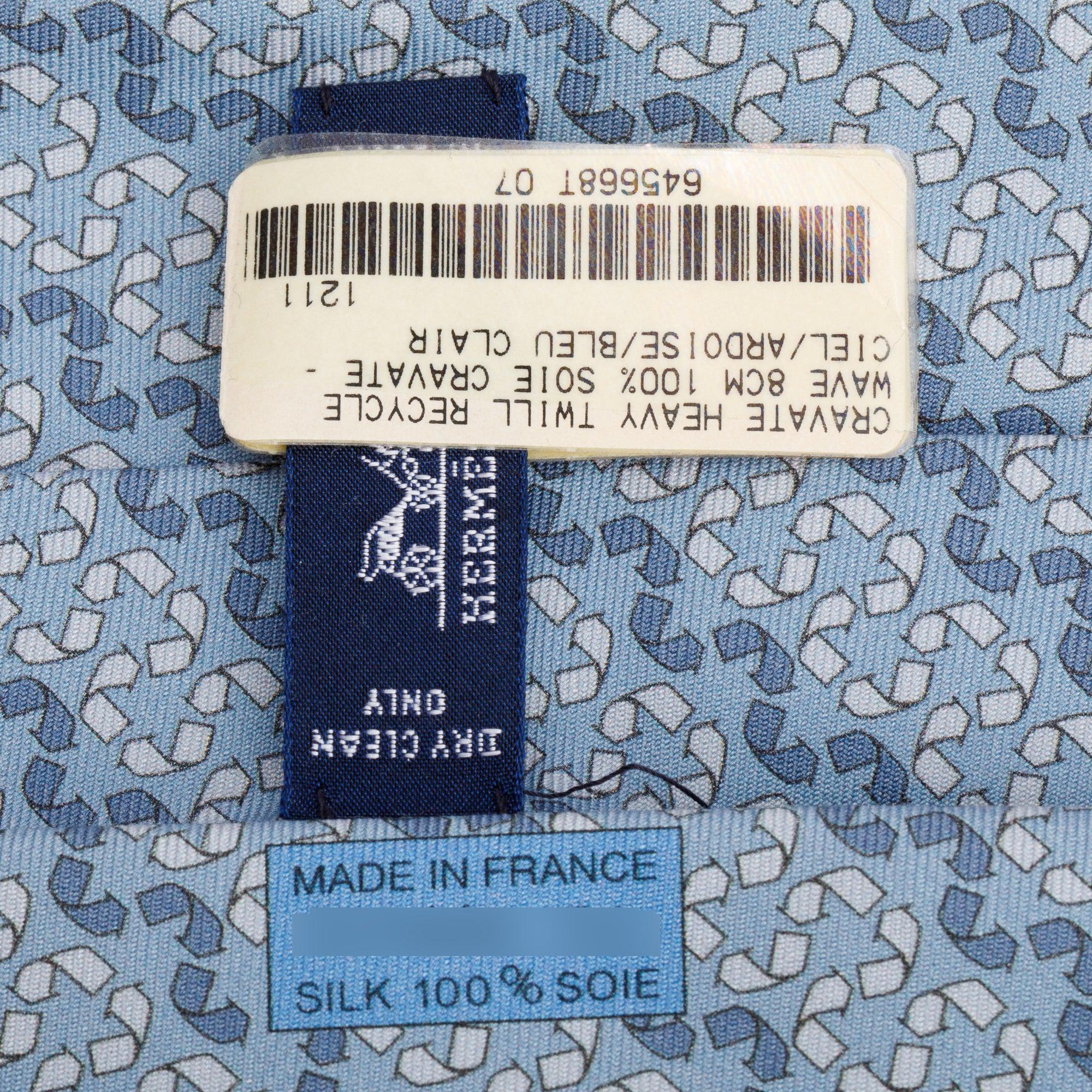 Hermes Bleu Claire 'Recycle Wave' Printed Silk Tie w/ Box