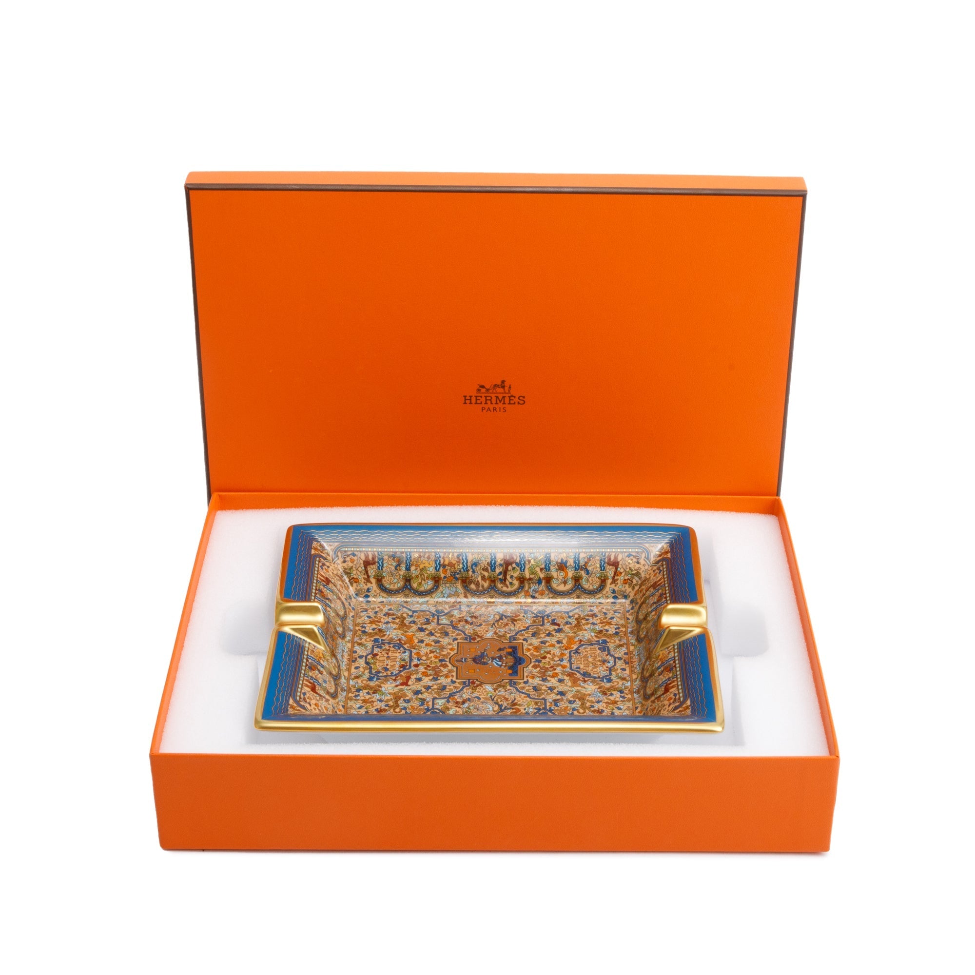 Hermes Bleu Cobalt 'Les Jardins D'Armenie' Porcelain Ashtray w/ Box