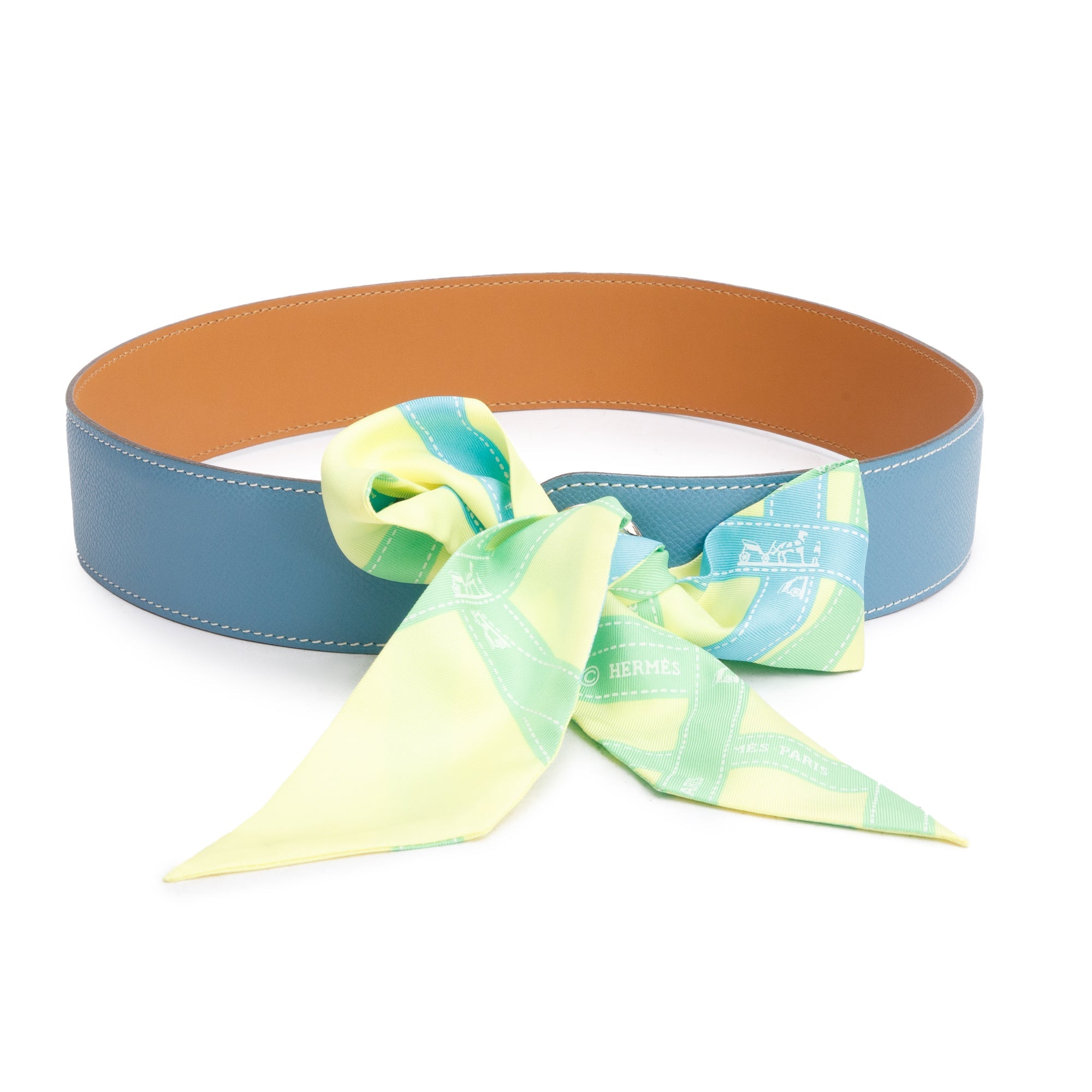 Hermes Bleu Jean/Gold Epsom Box Leather Reversible Twilly Kimono Belt