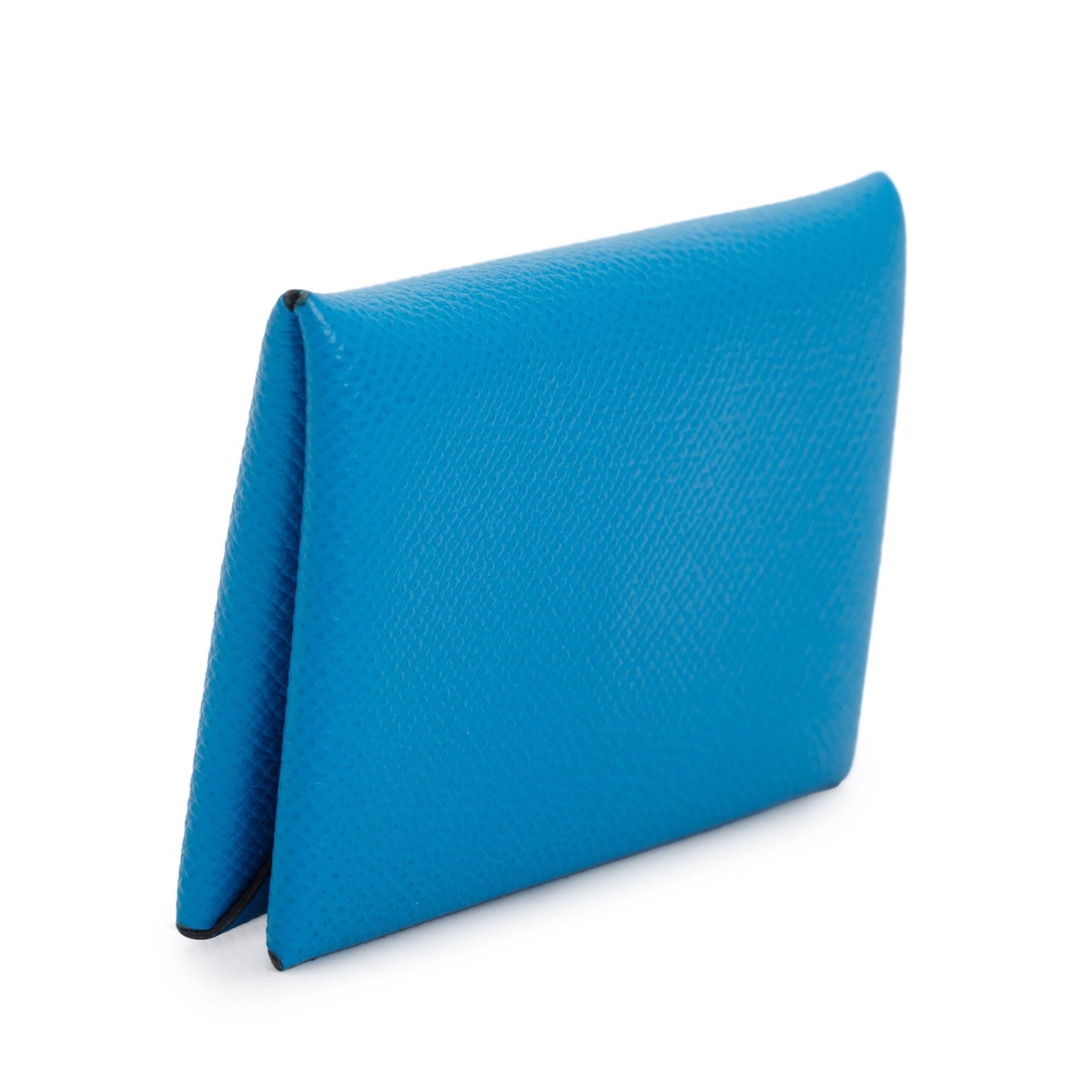 Hermes Blue Epsom Leather Calvi Card Holder w/ Box