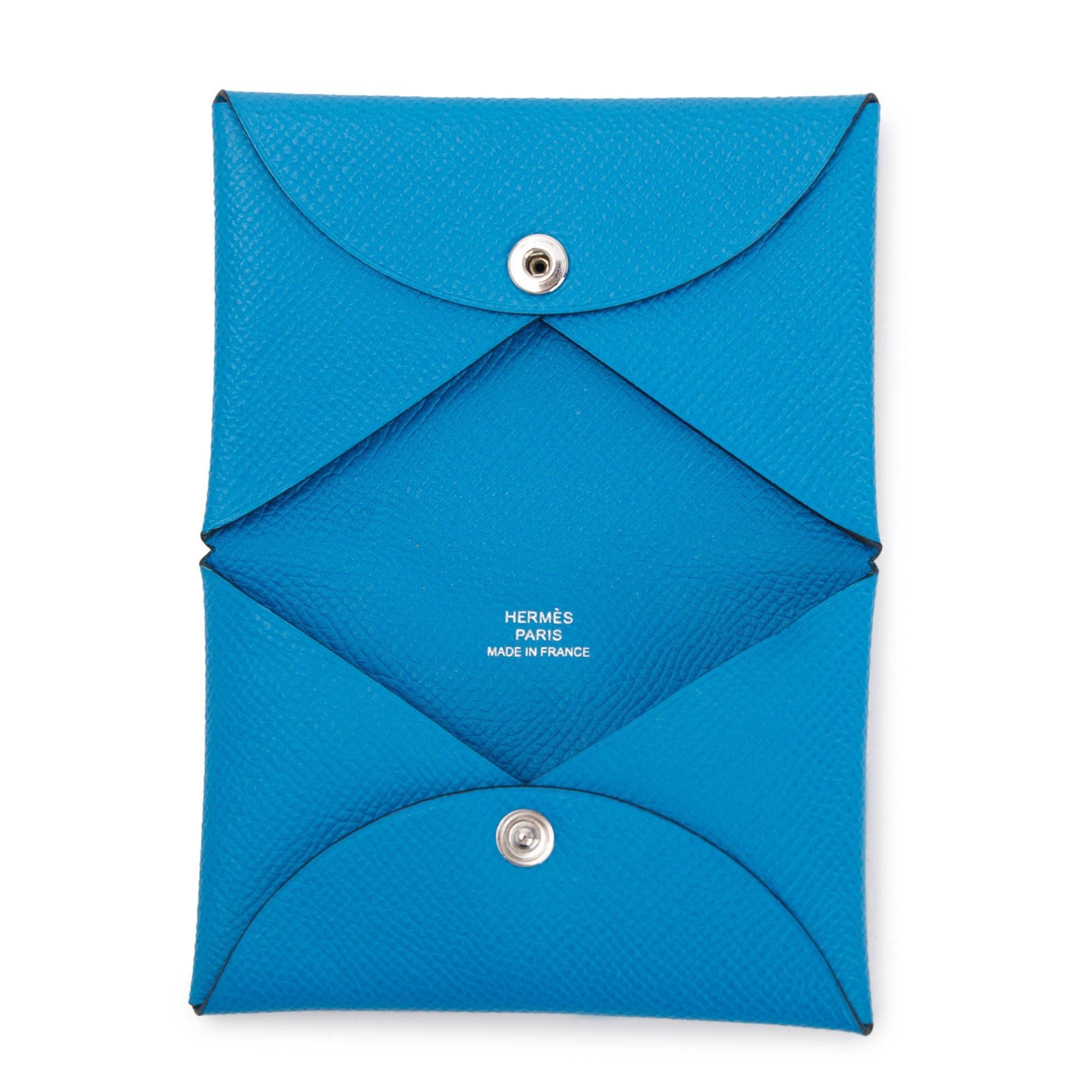Hermes Blue Epsom Leather Calvi Card Holder w/ Box