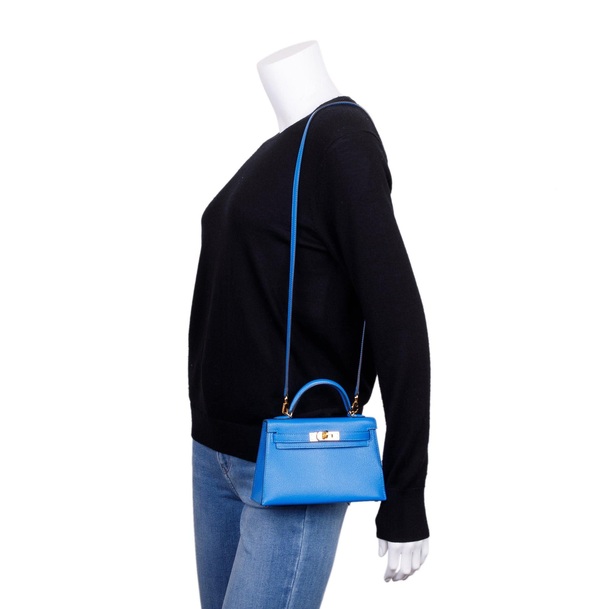 Hermes Blue Hydra Chevre Mysore Leather Mini Kelly II Sellier 20 w/ Box & Strap