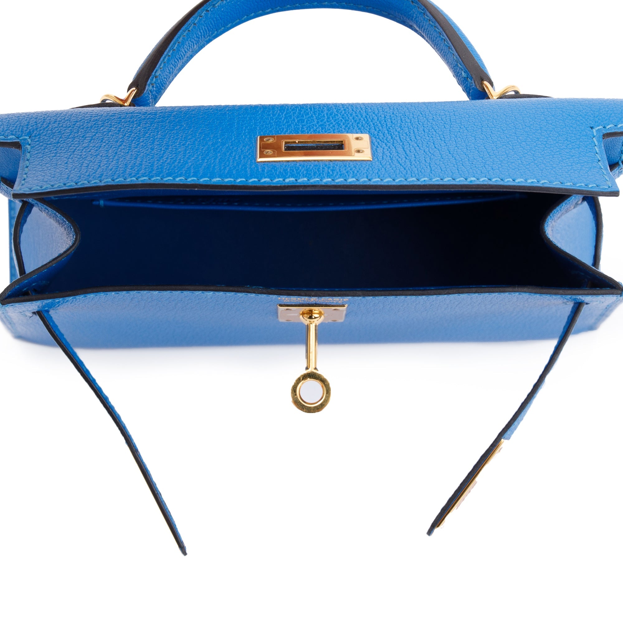 Hermes Blue Hydra Chevre Mysore Leather Mini Kelly II Sellier 20 w/ Box & Strap