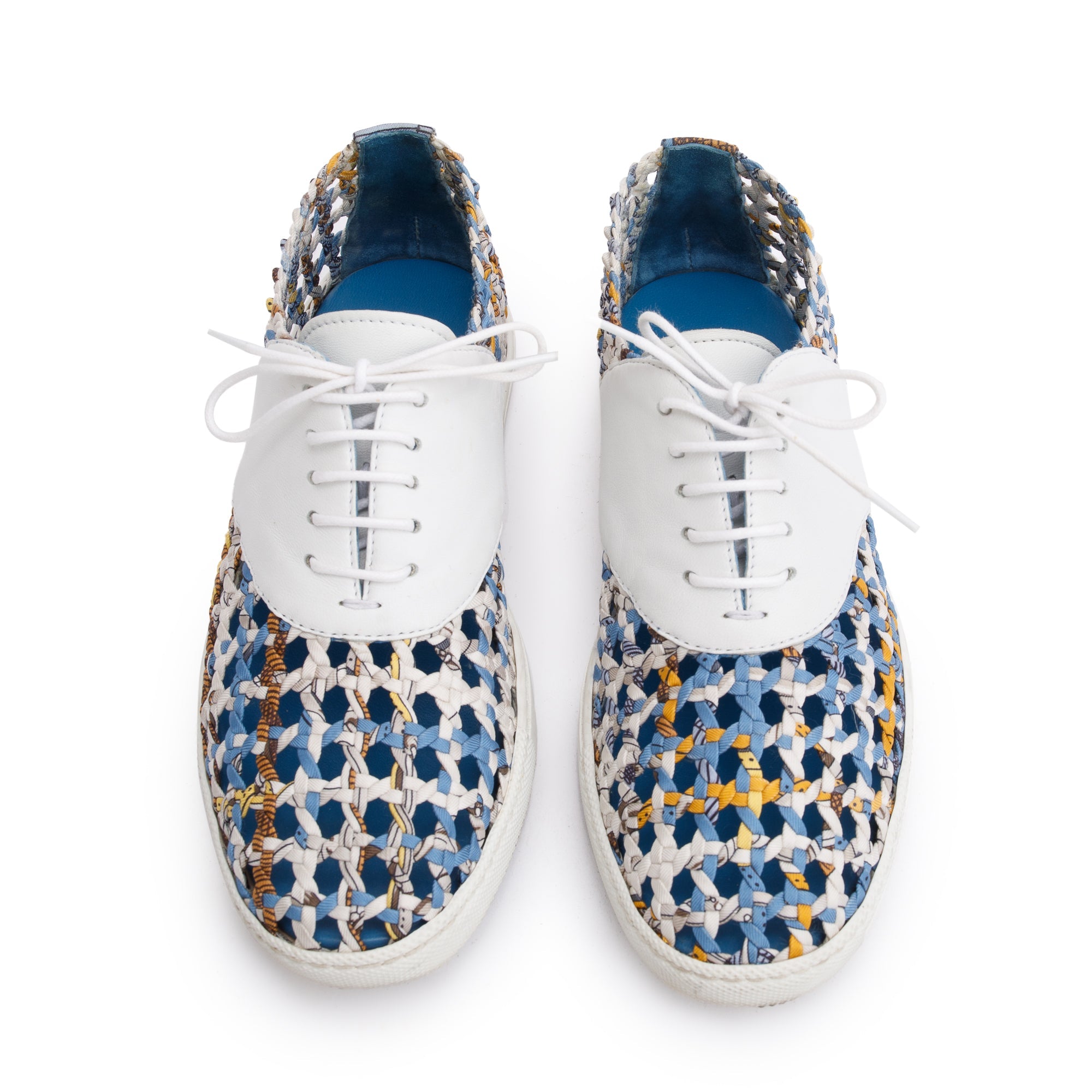 Hermes Blue Multicolor Animal Print Braided Silk White Leather Sneakers, Size 35.5