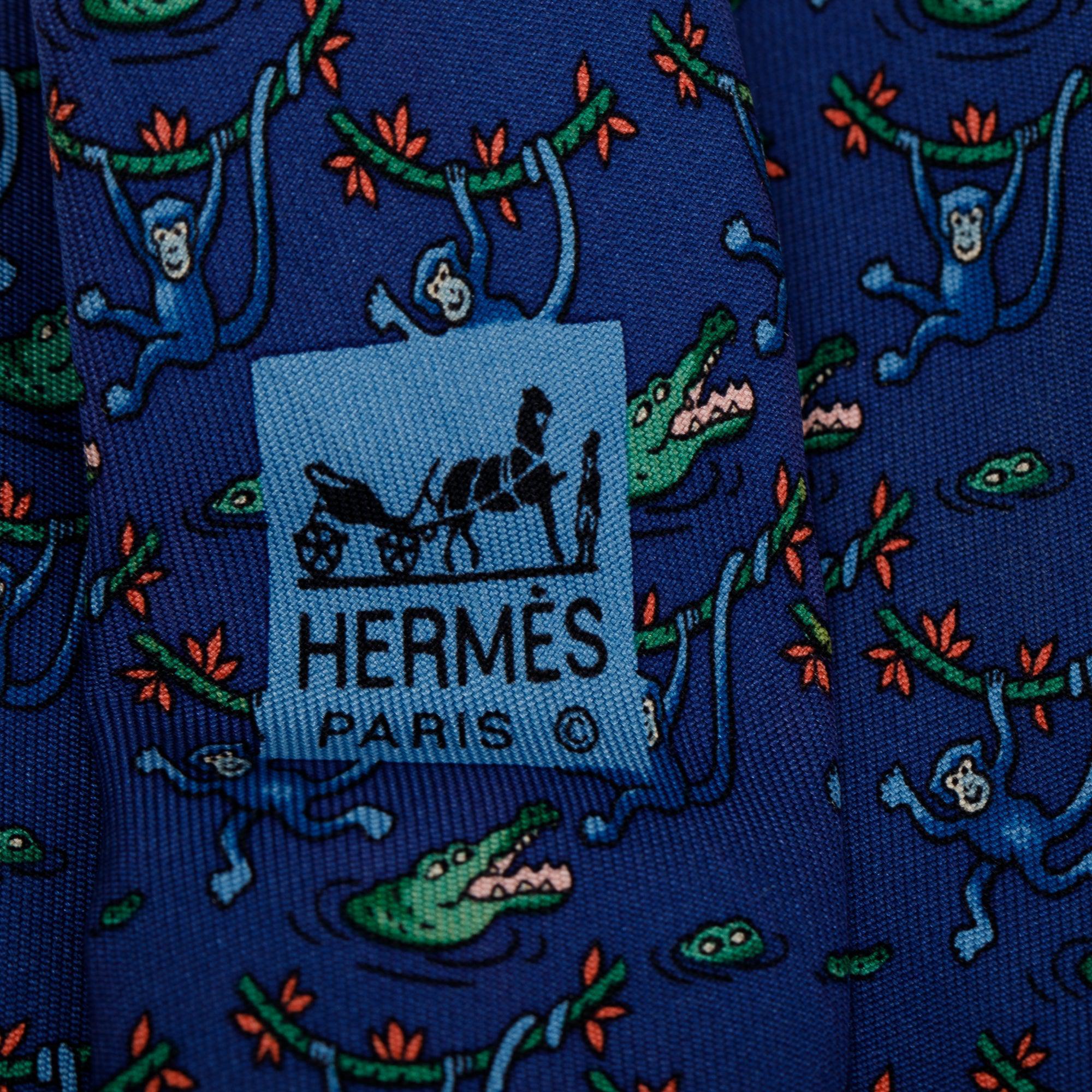Hermes Blue Silk Twill Tie 7 Jungle Tie
