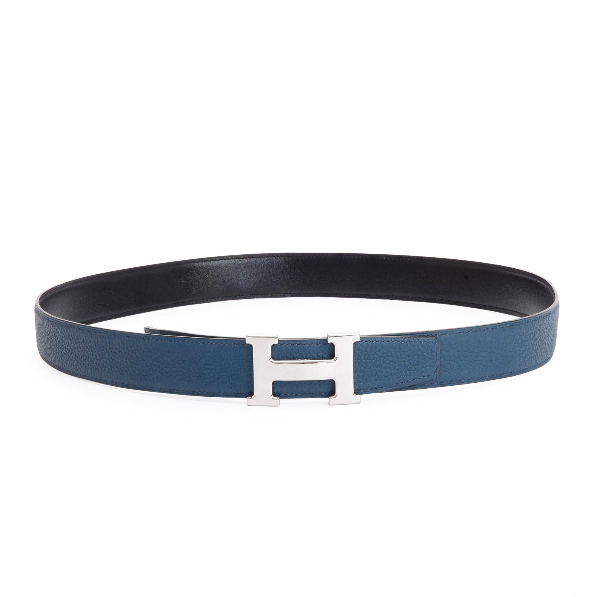 Hermes Blue/Black Leather Reversible 32 MM H Belt Kit w/ Box