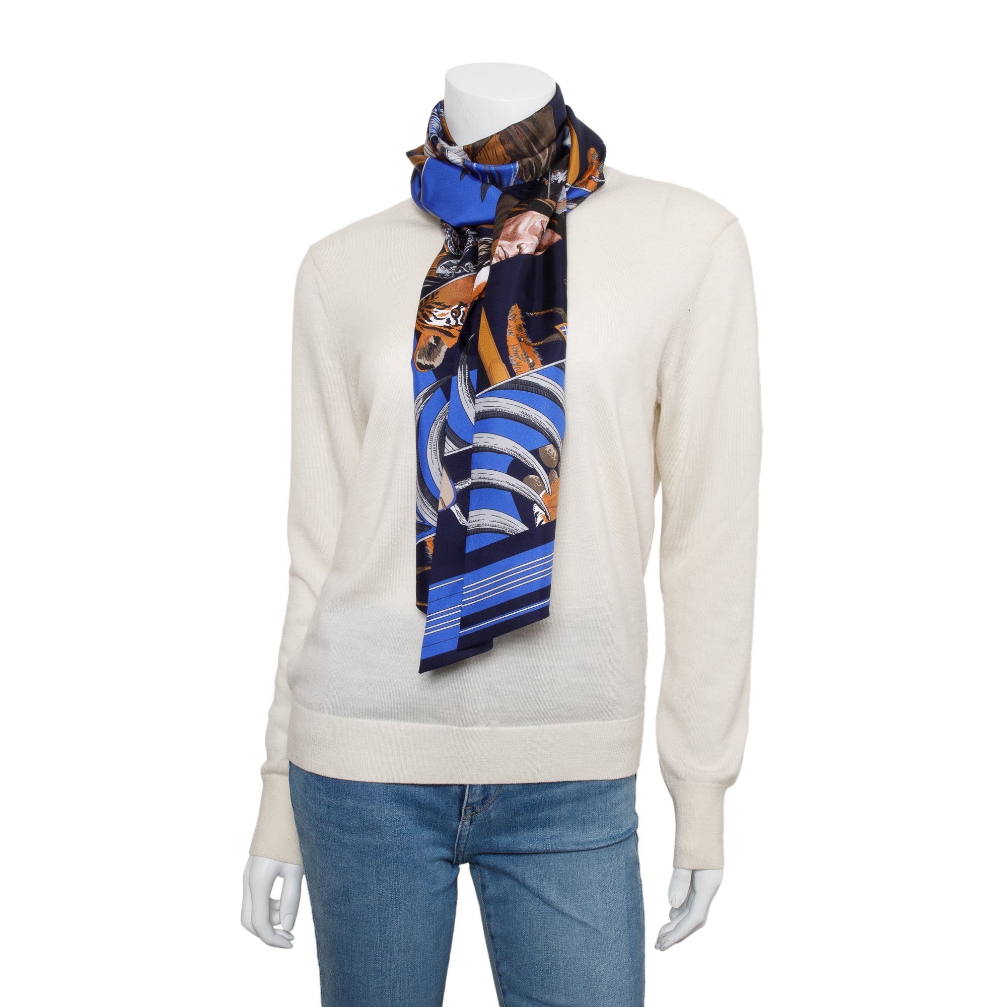 Hermes Blue/Multicolor 'Carre En Carres' Maxi Twilly Long Silk Scarf