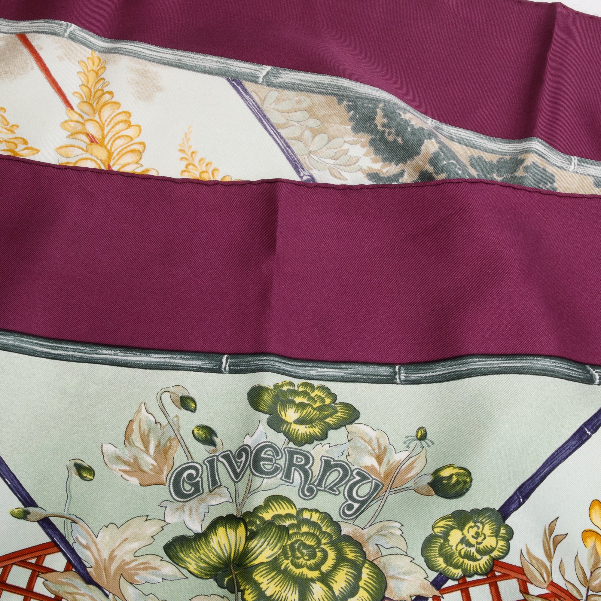 Hermes Burgundy 'Giverny Floral' Silk Scarf 90