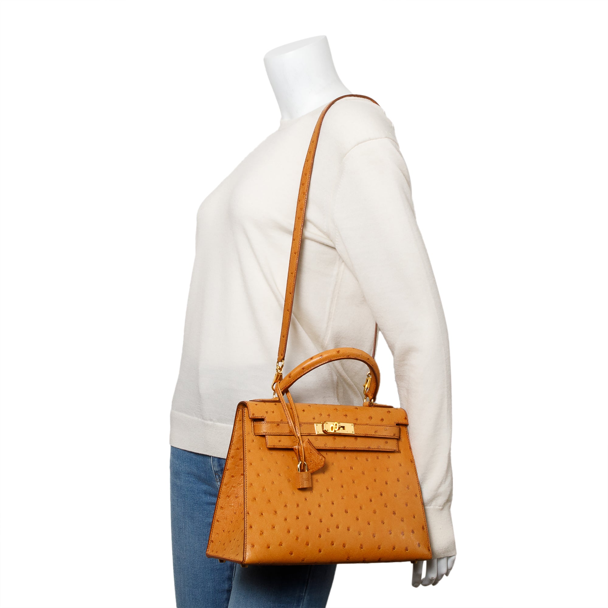 Hermes Cognac Ostrich Kelly Sellier 28 w/ Strap
