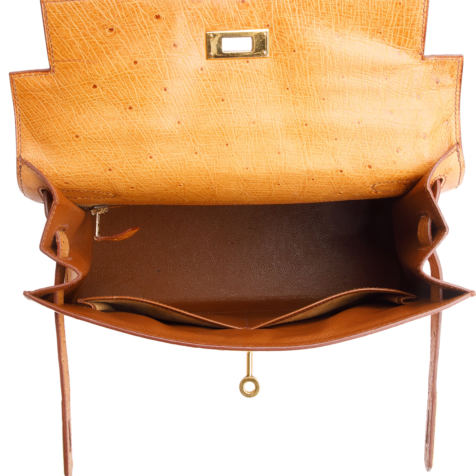 Hermes Cognac Ostrich Kelly Sellier 28 w/ Strap