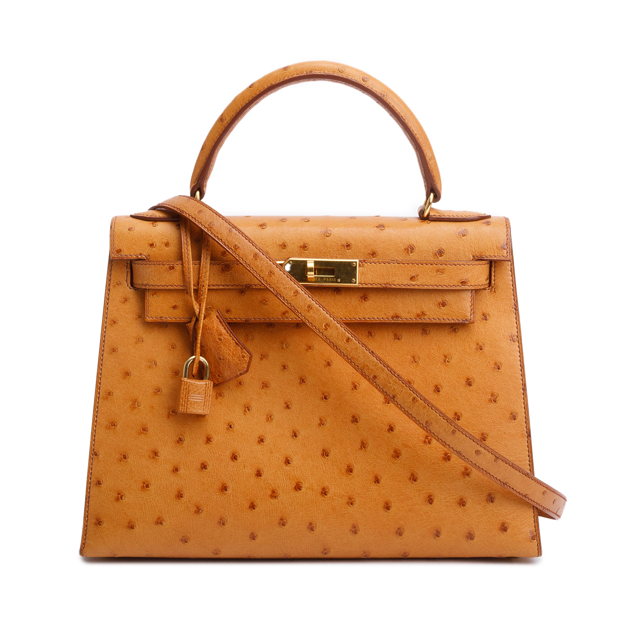 Hermes Cognac Ostrich Kelly Sellier 28 w/ Strap
