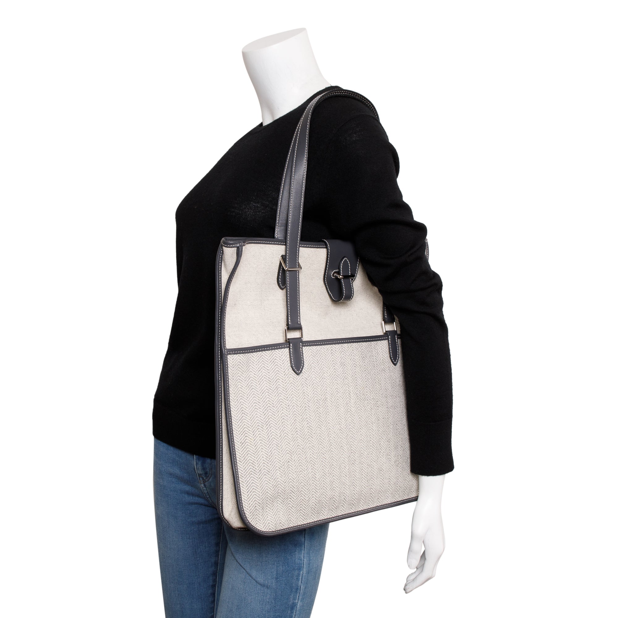 Hermes Ecru Toile Etain Swift Chevron Jumping Shopper Tote