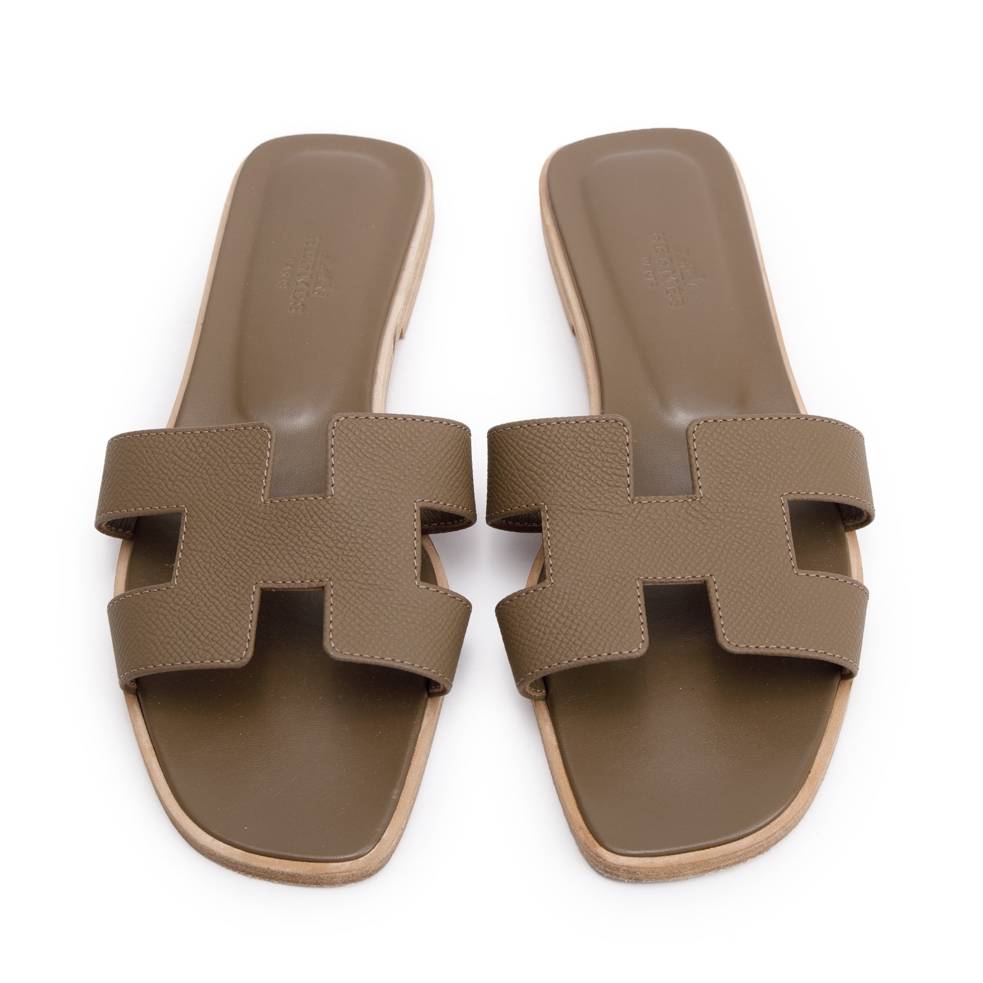 Hermes Etoupe Epsom Calfskin Oran Sandals, Size 38