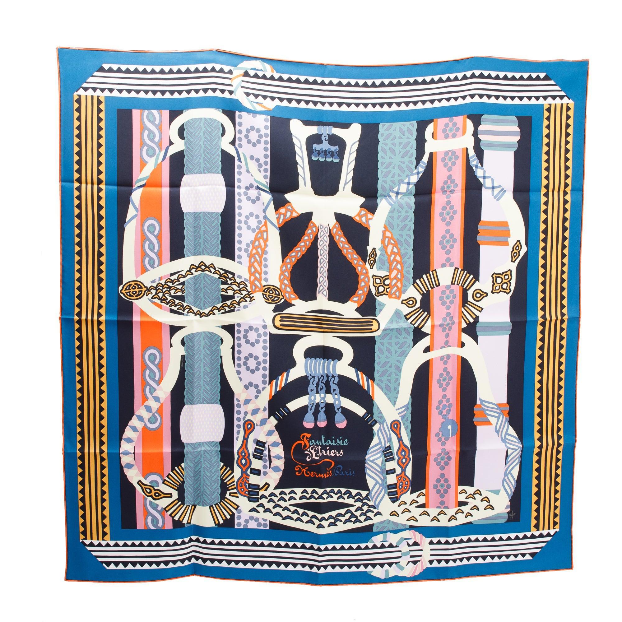 Hermes 'Fantaisie D'Etriers' Multicolour Silk Scarf 90 w/ Box